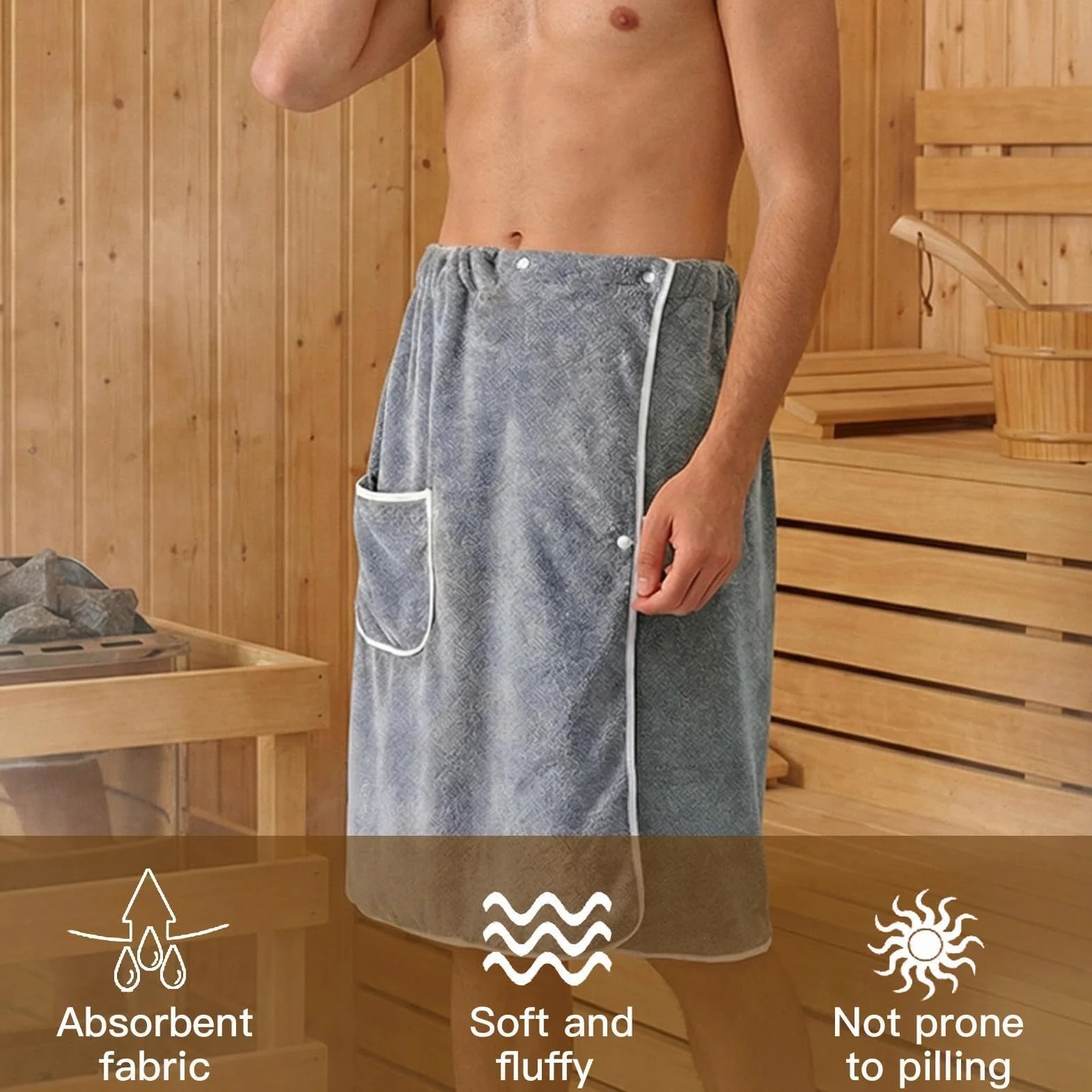 Kilt de Sauna para Hombre con Bolsillo, Toalla de Baño Elástica y Ajustable con Botones, 65 x 140 cm - Suave Felpa para SPA, Gimnasio, Ducha, Playa y Hogar, Color Gris
