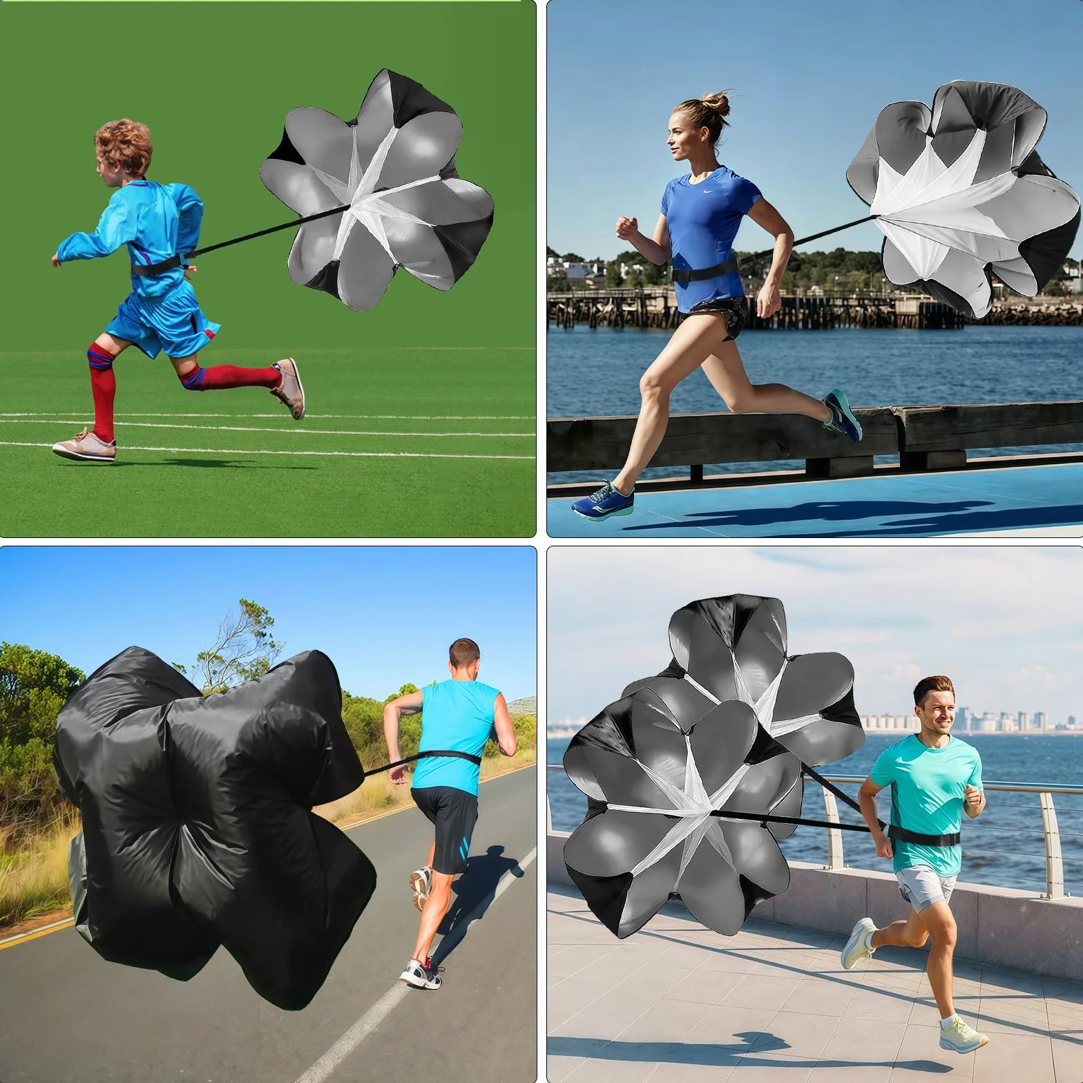 Paracaídas de Resistencia 2 Piezas, Negro, Paracaídas de Entrenamiento con Correa Ajustable para Sprint, Rugby, Fútbol, Béisbol