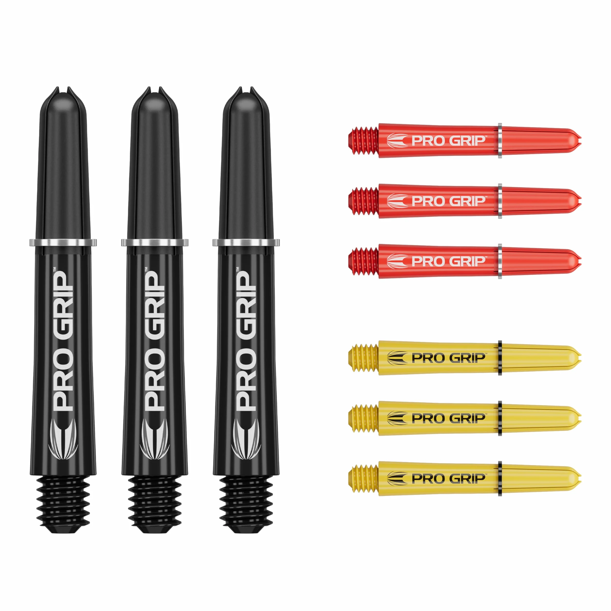 Target Darts Flechas Pro Grip - Set de 9 | 3 Colores, Multicolor | 3 Opciones de Tamaño (Corto, Intermedio, Medio) | Plumas para Dardos, Accesorios Dardos Profesionales, Multipack Flechas 2BA con
