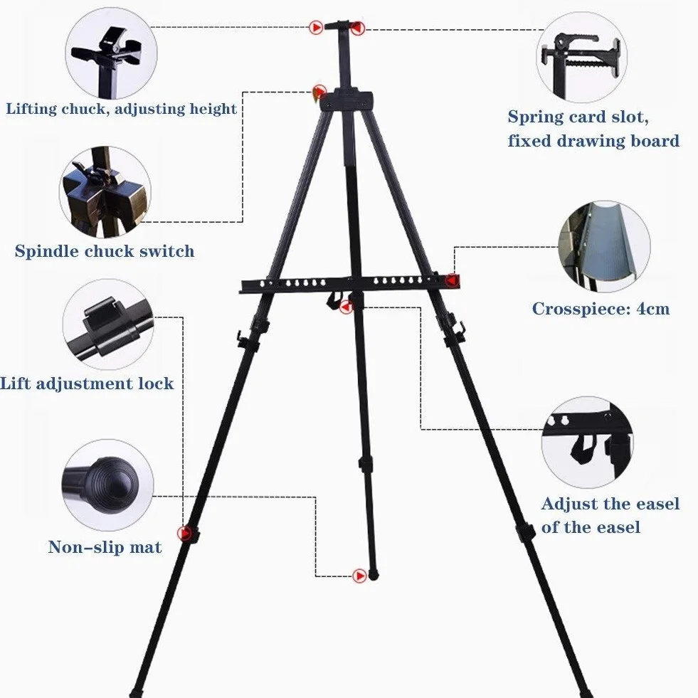 Caballete telescópico plegable para estudio de campo, para pintura, trípode con bolsa de transporte, color negro (caballete + tablero de dibujo 4K)