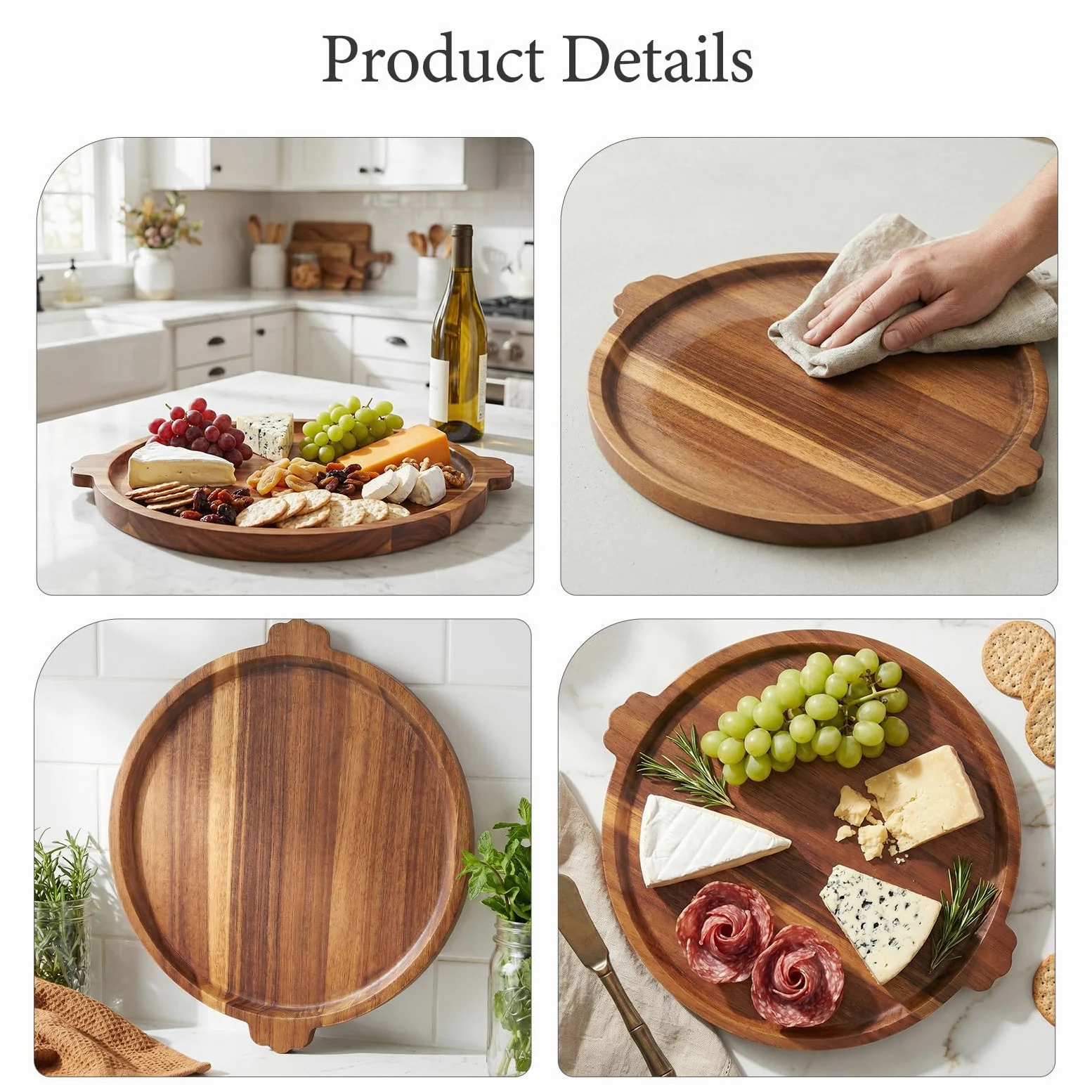 COLLBATH Bandeja Redonda Grande de Madera para Servir - Bandeja Circular de Madera con Asas - Plato Redondo para Servir Desayuno, Bebidas y Aperitivos en la Mesa del Comedor.