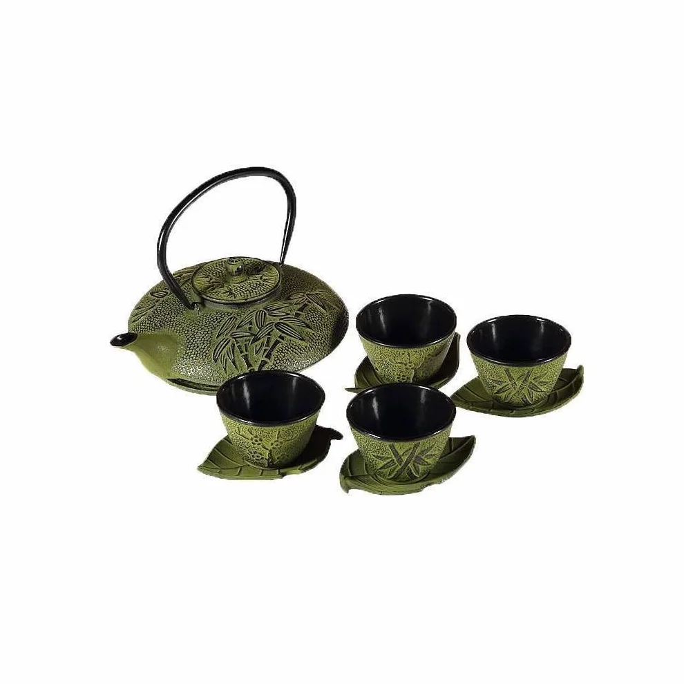 lachineuse – Juego de té de hierro fundido de bambú – 1 tetera, 4 tazas de hierro fundido y filtro infusor – Capacidad 0,8 L – Decoración japonesa – Idea de regalo de vajilla japonesa – Color verde