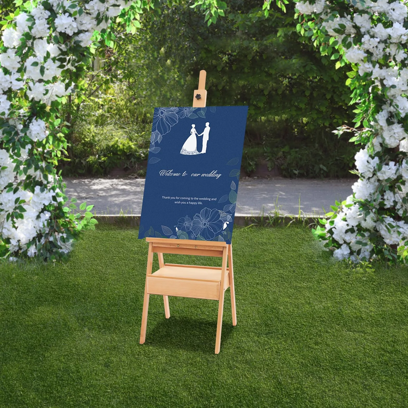 Caballete de madera de haya con cajón, caballete de pintura para lienzo, hasta 90 cm, altura ajustable, 182 cm de altura, madera maciza, color madera