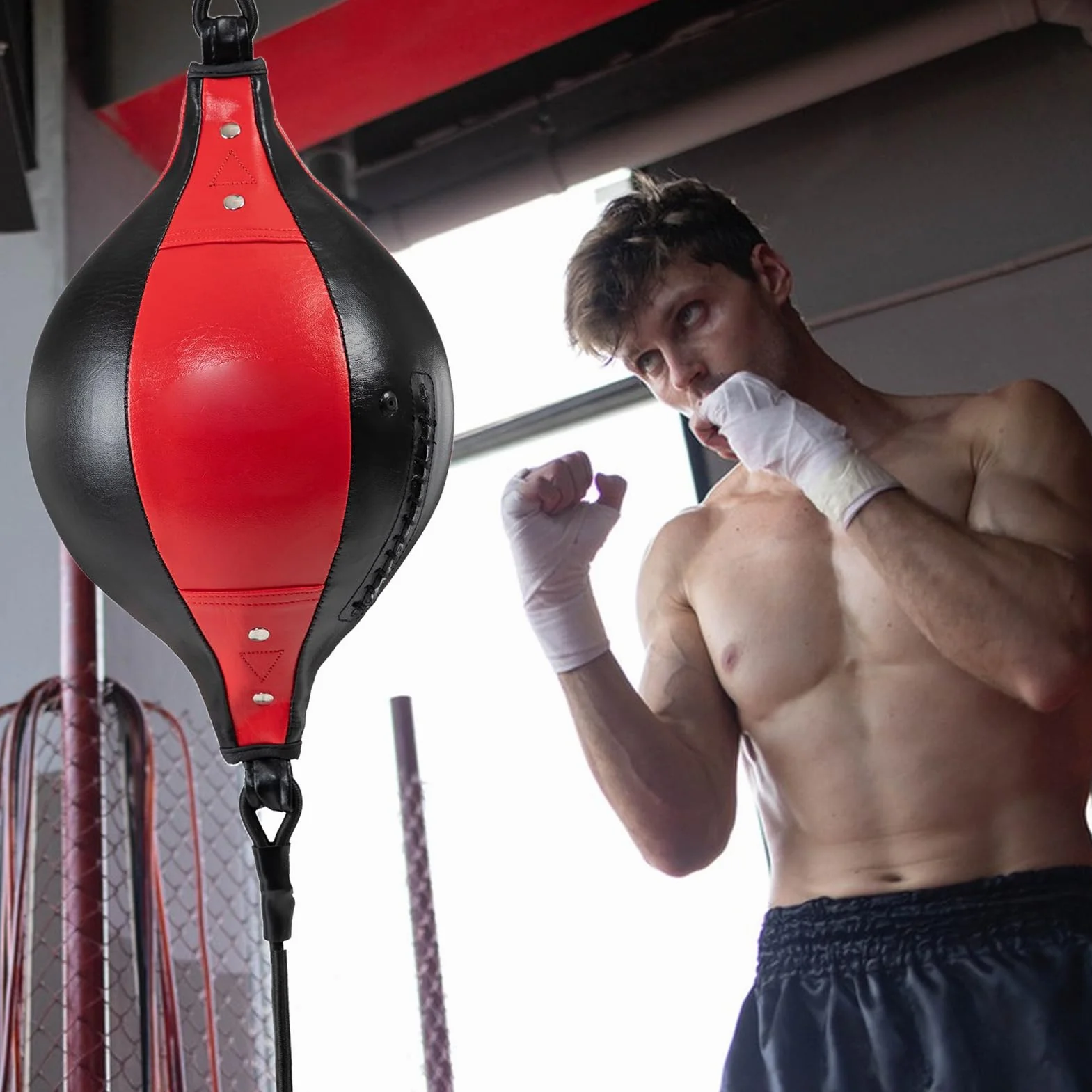 Double End Boxing Bag - Pu Leather Reflex Punching Ball with Bungee Cords for Reaction Training