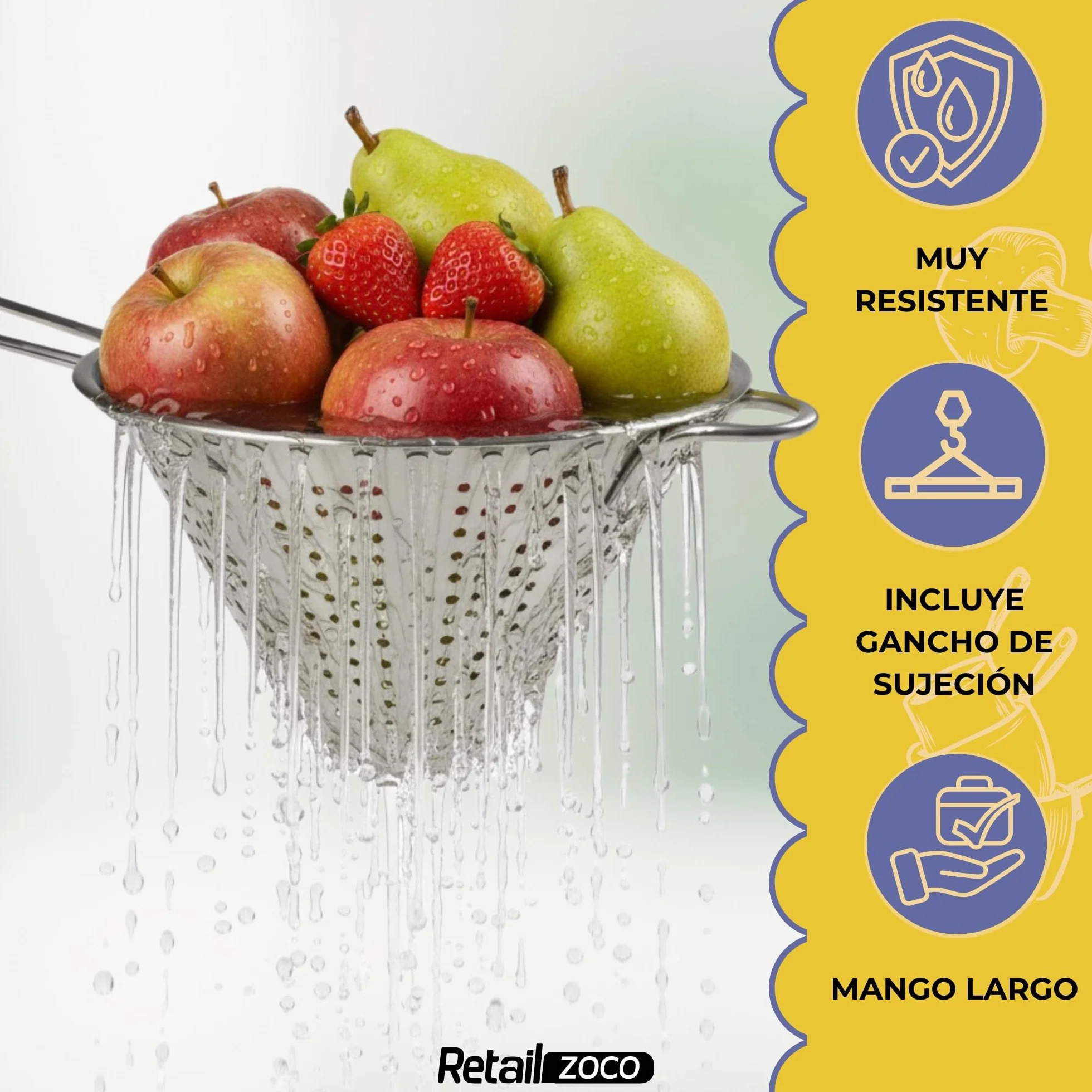 Colador Chino de Cocina, Colador forma cónica, colador Chino, Escurridor de Acero, Apto para para Pasta, Verduras, Frutas y Arroz, Acero inoxidable, Incluye 1 gancho de sujección, Diámetro 20 cm