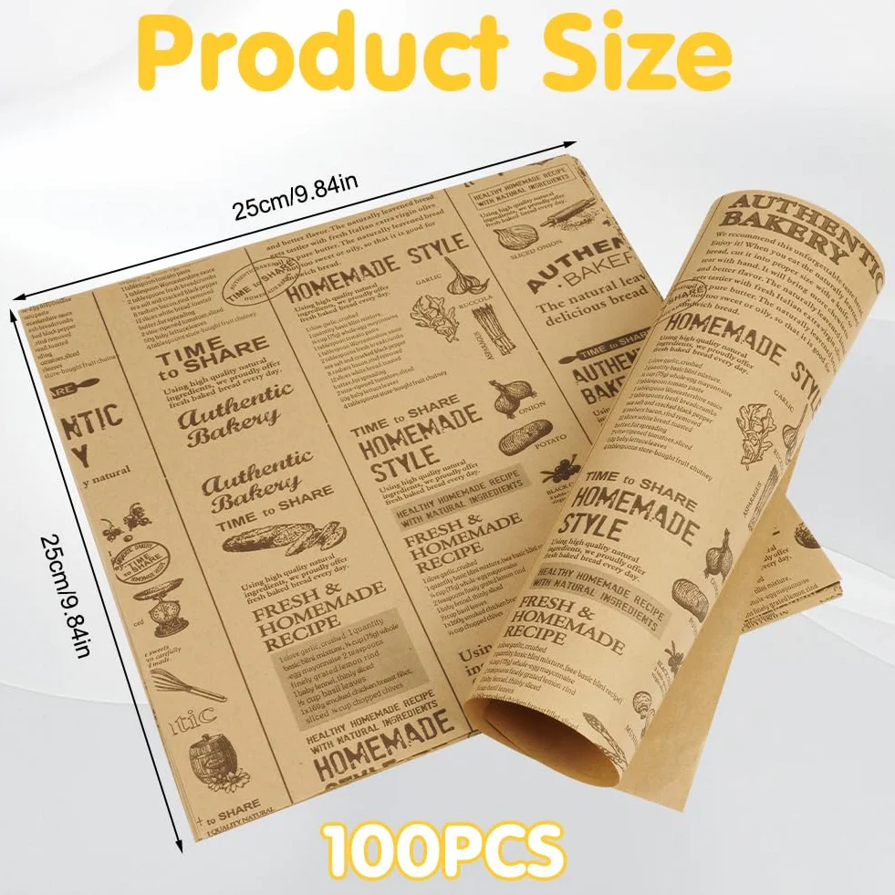 100 Piezas Papel Horno, 25 x 25 cm Antigrasa Hamburguesa Papel para Envolver Alimentos Aspecto de Periódico