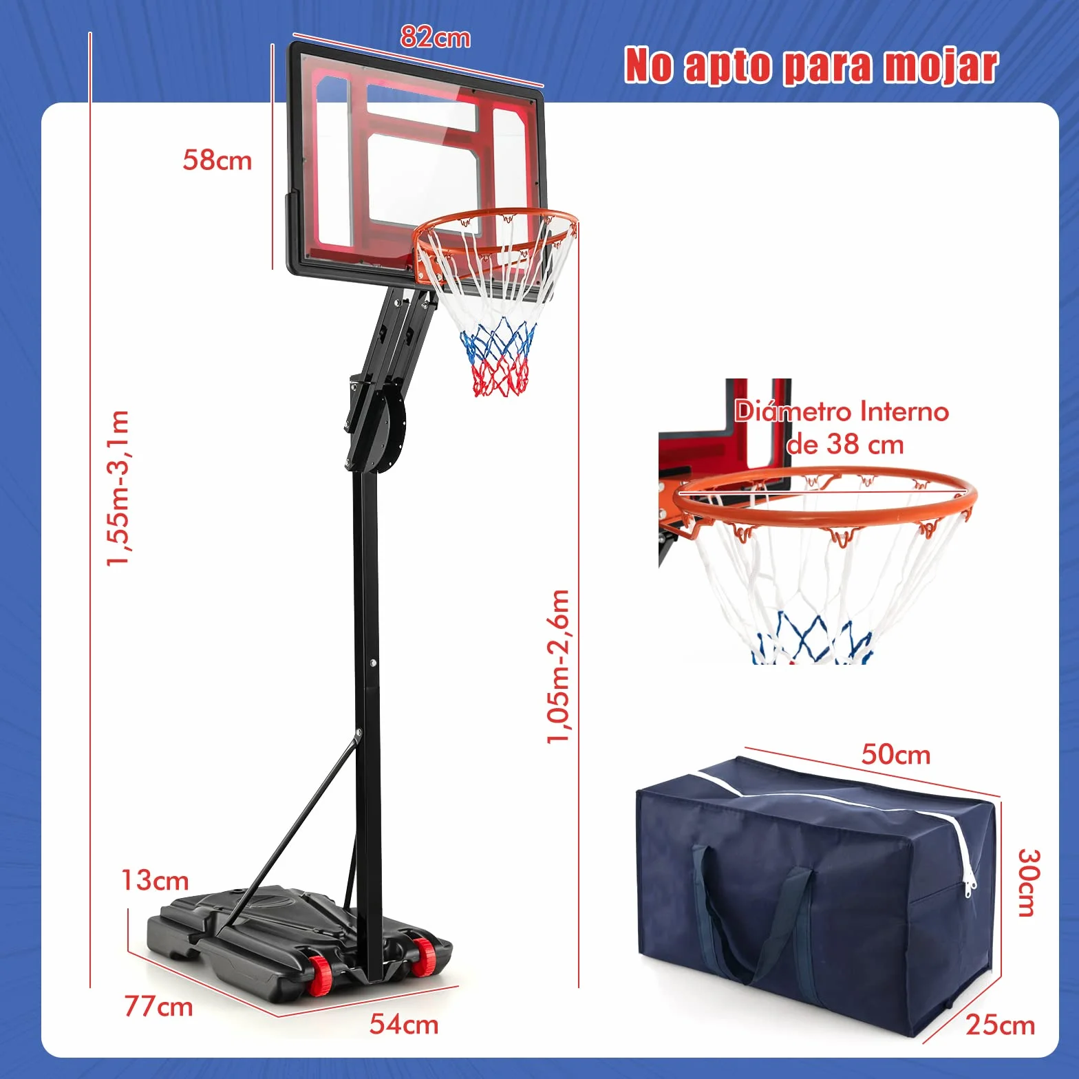 COSTWAY Canasta Baloncesto Exterior Altura Ajustable 10 Niveles 1,55-3,1m Móvil Ruedas Aro Baloncesto Bolsa Peso Niños Adultos