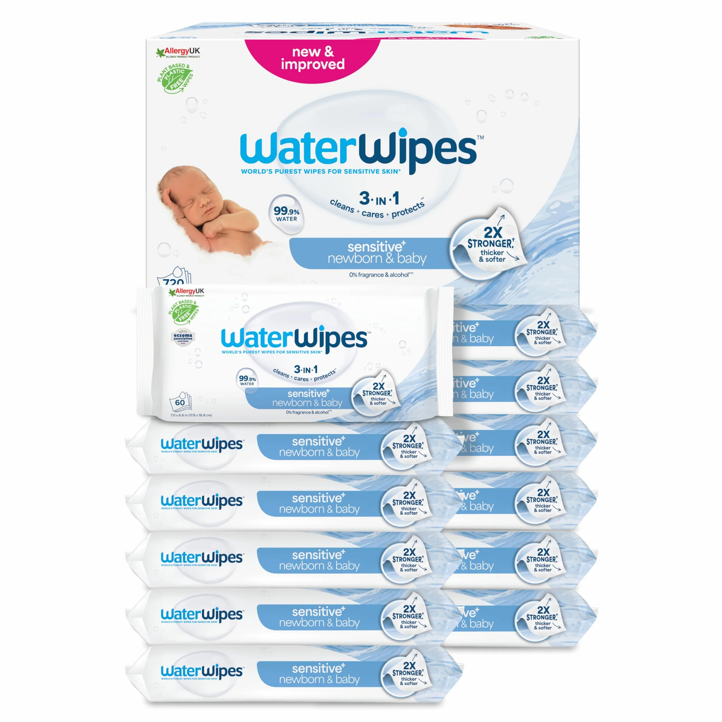 WaterWipes Sensitive+ Newborn & Baby Wipes, 720 Count (12-Pack), 99.9% Water, Fragrance Free