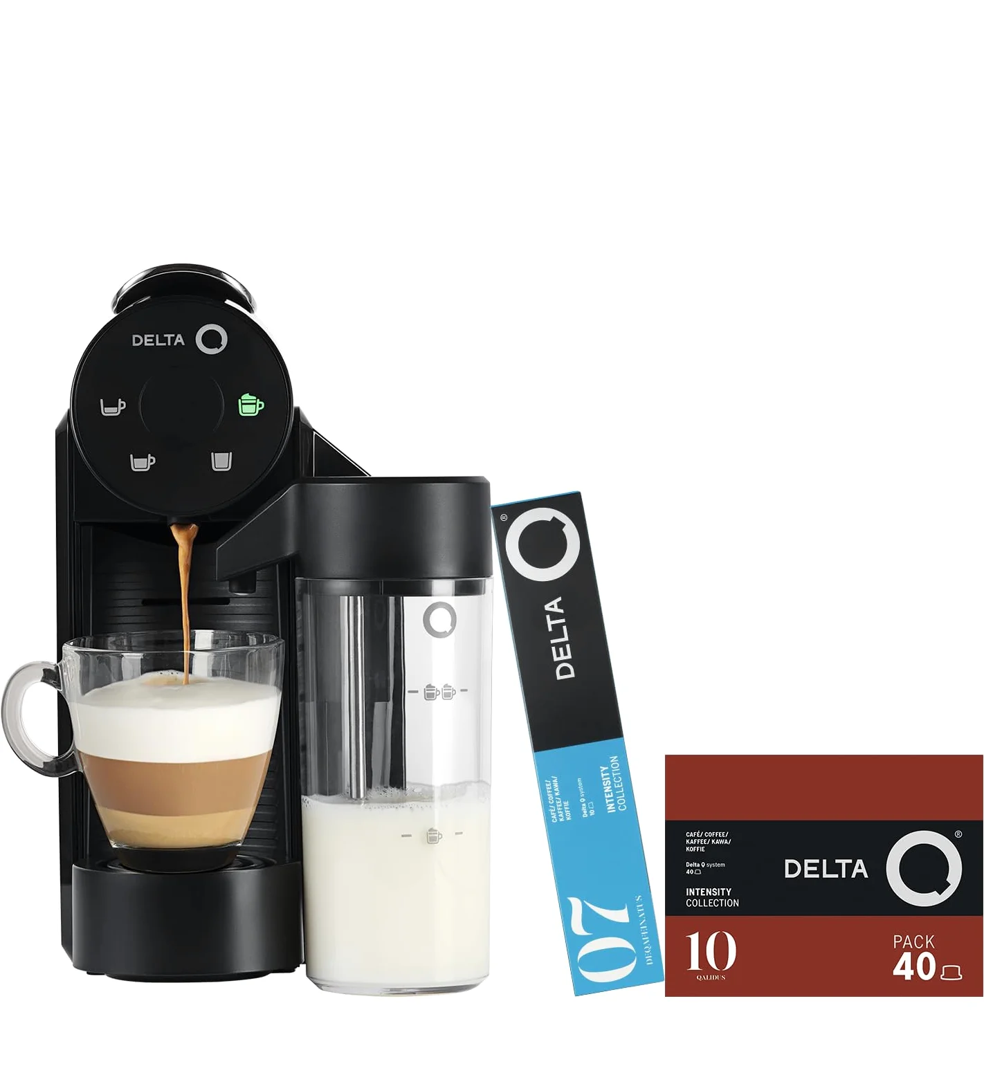 Delta Q | Cafetera Cápsulas Mini MilkQool Negro 20 Bares 0,6 L | Depósito de Leche, 40 Cápsulas Intensidad 10 + 10 Descafeinado