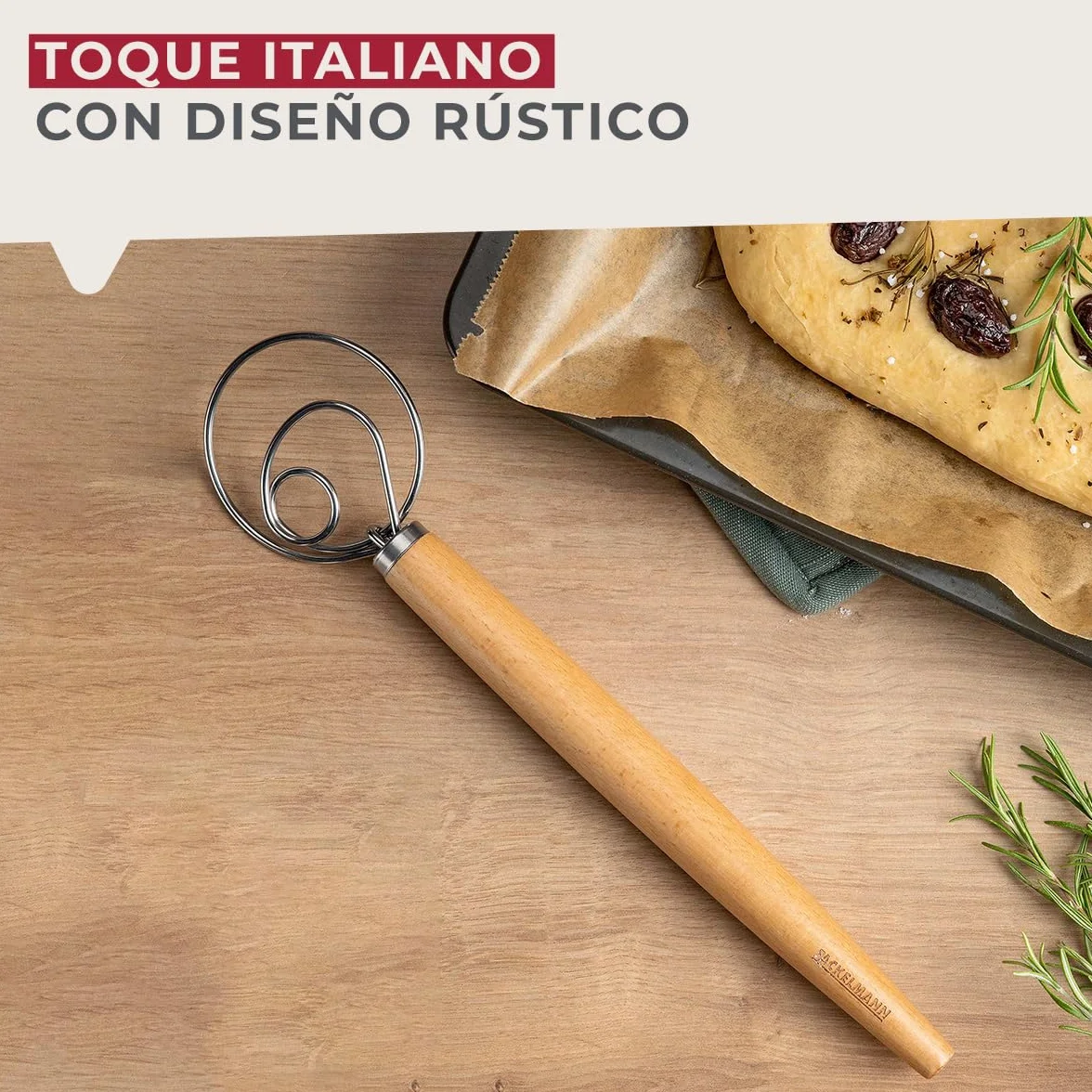 Fackelmann Batidor de masa para pasta, focaccia y masa, batidor para masas aireadas, batidor danés con mango ergonómico de madera de haya, color plata/marrón