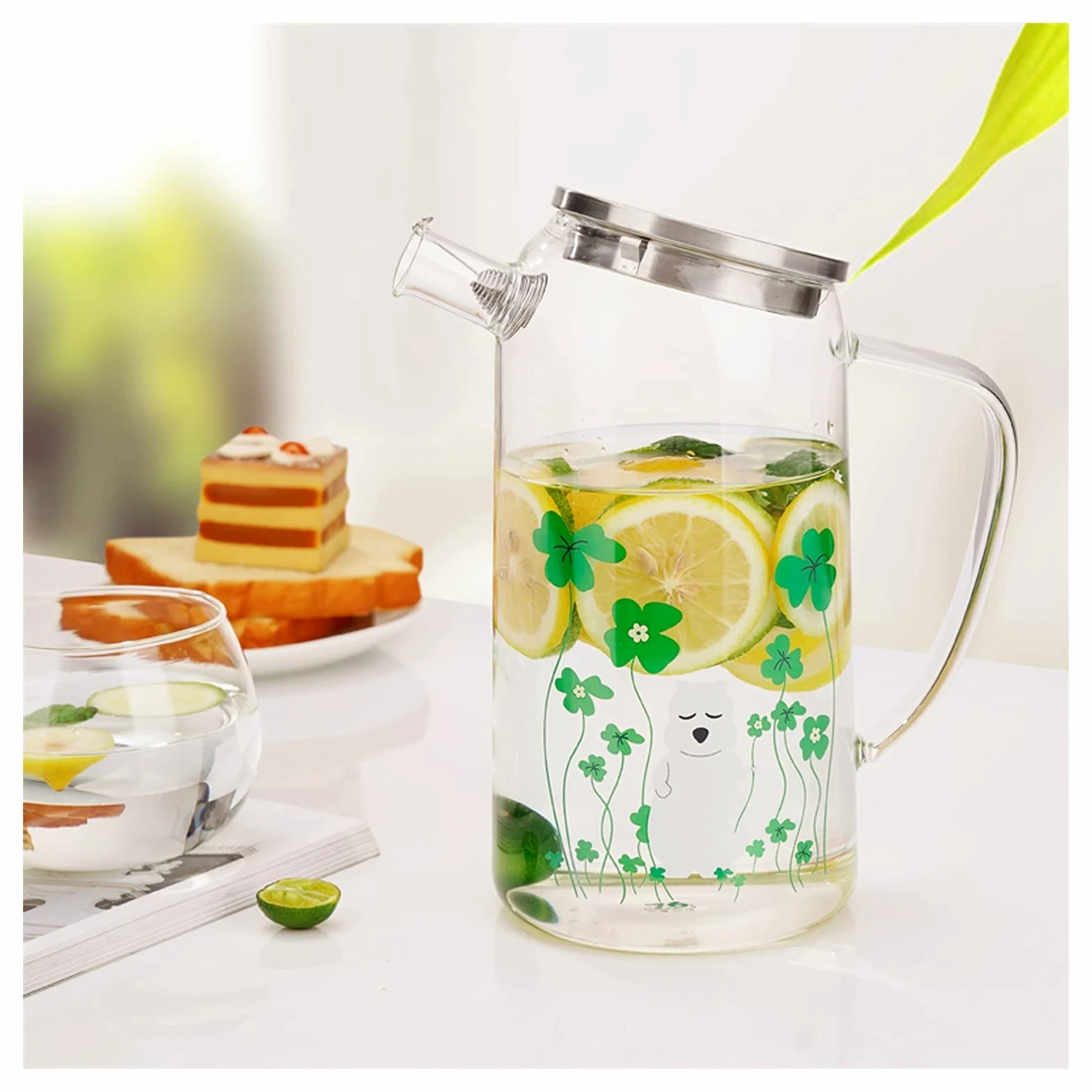 Jarra Agua Fria Jarra de vidrio para el hogar con cubierta de acero inoxidable Estilo japonés CAPACIDAD GRANDE CAPA FRÍA CARAFE PARA JUGO, LECHE, BEBIDAS CALIENTES Y FRÍAS Jarra Agua Detox Frutas