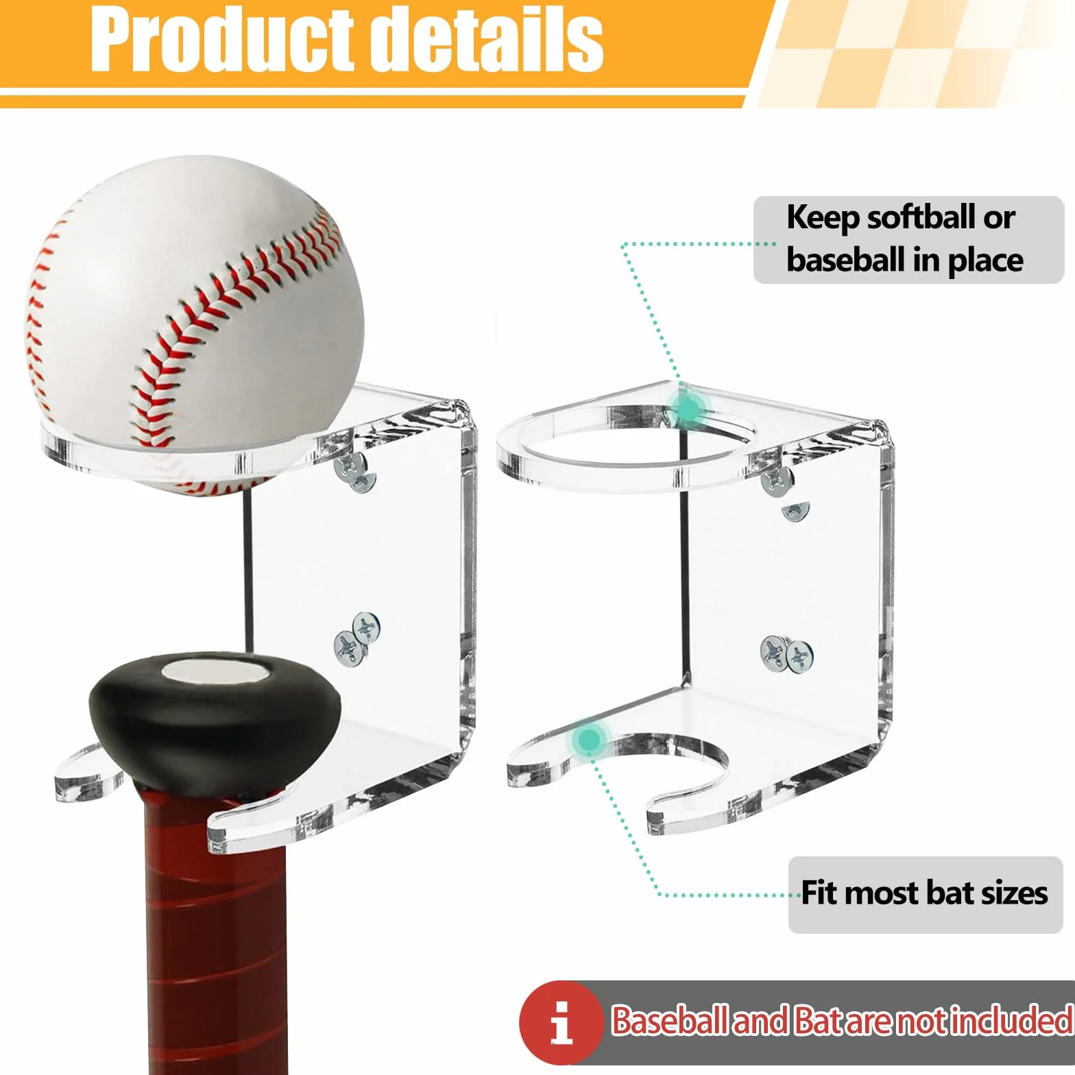 Soportes de pared para almacenamiento de béisbol, soporte acrílico para bate, organizador de equipo deportivo