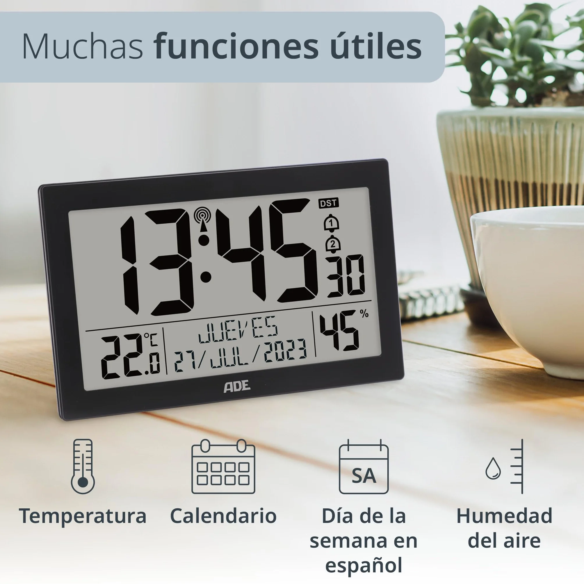 ADE Reloj meteorológico | Reloj Digital de Pared Grande | Despertador Inteligente con Temperatura y Humedad | Cocina, Salon, Dormitorio | radiocontrolado | con luz | para Mayores | con Pilas | Negro