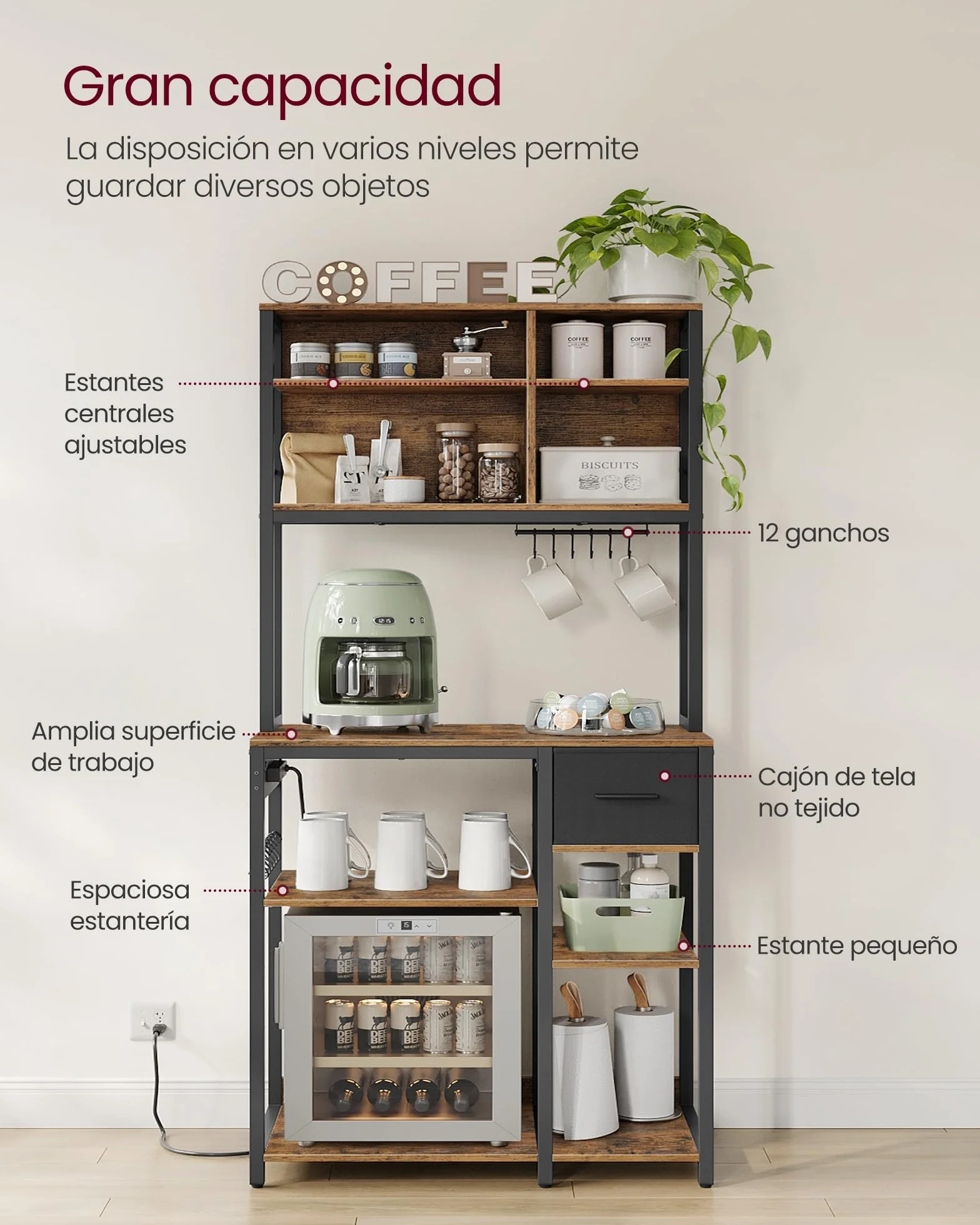 VASAGLE Estanteria Cocina con Multienchufe, Mueble Auxiliar de Cocina, Cajón de Tela, 40 x 80 x 180,4 cm, Estante de Microondas, 12 Ganchos, Marrón Rústico y Negro Tinta KKS015K03