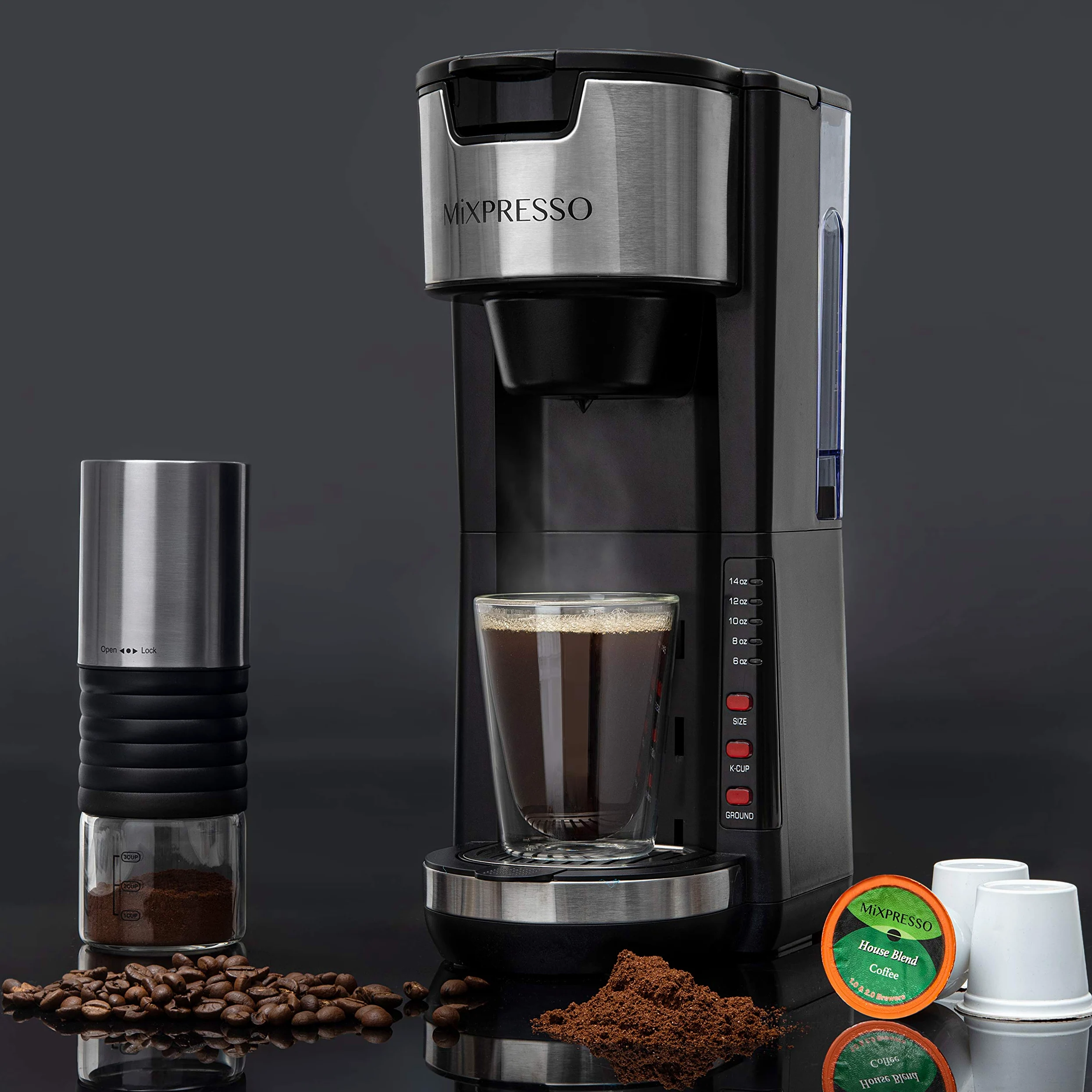 Mixpresso Cápsulas K-Cup para cafetera individual 2 en 1 compatibles con café molido, cafetera compacta con depósito desmontable de 30 onzas, 5 tamaños de infusión y bandeja de goteo ajustable (negro)