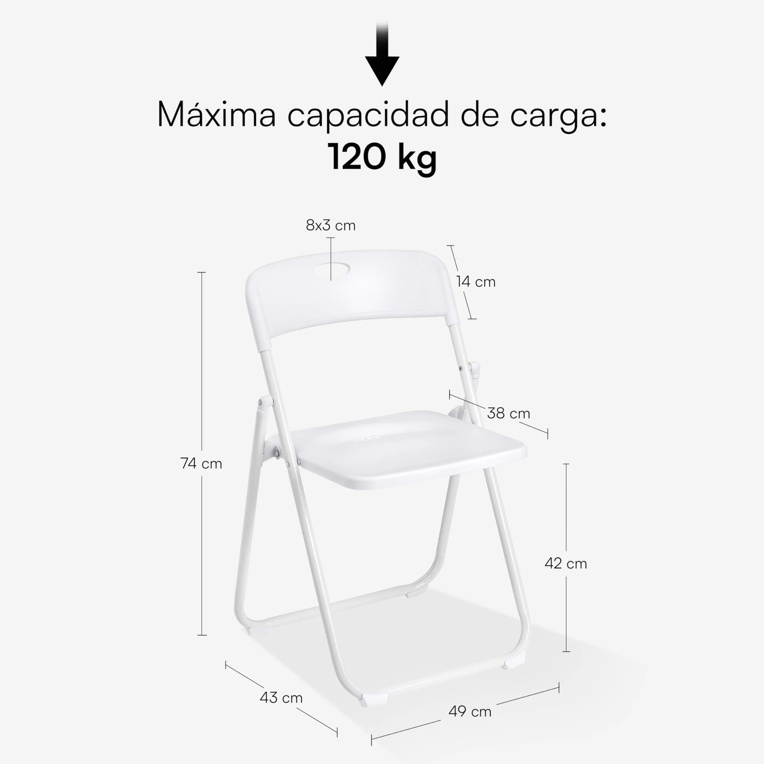 Baroni Home Silla Plegable con Estructura de Acero y PVC, Asiento Plegable Que Ahorra Espacio con Pies y Asa, para Viaje, Cocina, Salón, Dormitorio, 74x43x49 cm, 1 Unidad, Blanco