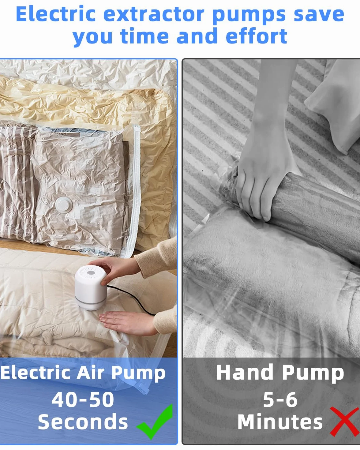 Bolsas de Vacío Ropa Bolsas Vacio Ropa con Bomba Eléctrica Bolsas Almacenaje (2 extragrandes 2 grandes 2 medianas y 2 pequeñas) para Edredón Almohada Manta Viajes Mudanzas