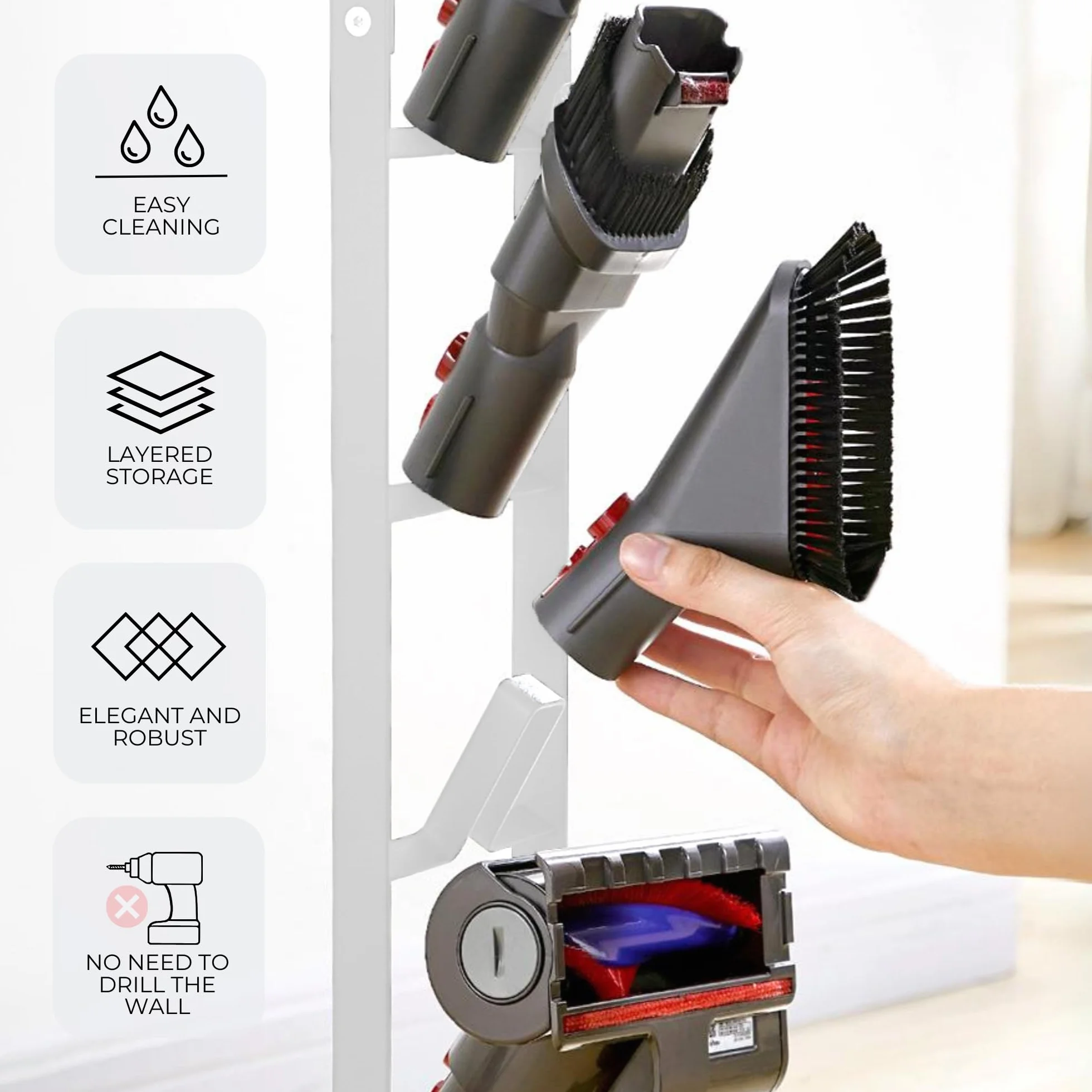 MORANGO Soporte de Aspiradora Compatible con Dyson V15 V12 V11 V10 V8 V7 V6 - DC58/ DC59/ DC62/ DC74 - Organizador de Almacenamiento de Suelo Sin perforar la Pared.