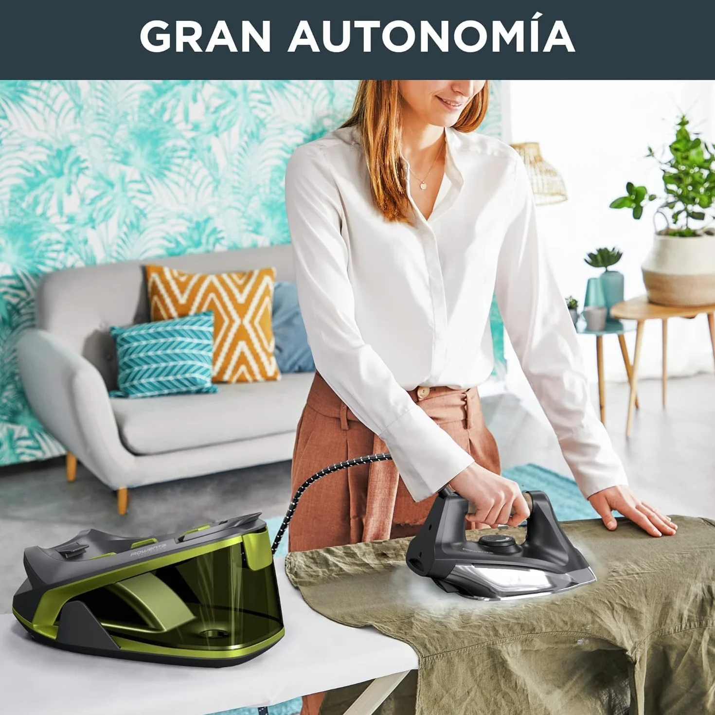 Rowenta Easy Steam - Centro de planchado, Alta presión 6 bares, Golpe de vapor 270 g/min, Vapor continuo 110 g/min, Suela Airglide con depósito de 1.4 L, Modo Eco, Negro/Verde, VR7360