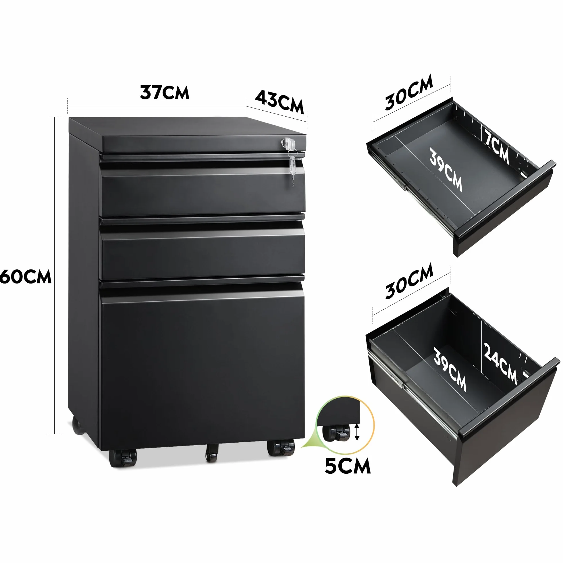DEVAISE Carro Archivador con Cajones Bloqueables, Mueble Bajo Escritorio Metálico para Impresora, 3 Cajones & Ruedas Giratorias Bloqueables, Negro