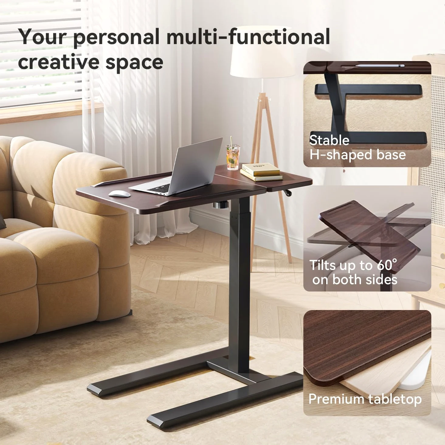 SIHOO D01 Escritorio Elevable Mesa Escritorio con Ruedas - Montaje Sencillo, Ajustable en Altura Neumático para Portátil/Cama/Uso Médico Hospital (Madera de Arce en Acabado Blanco)