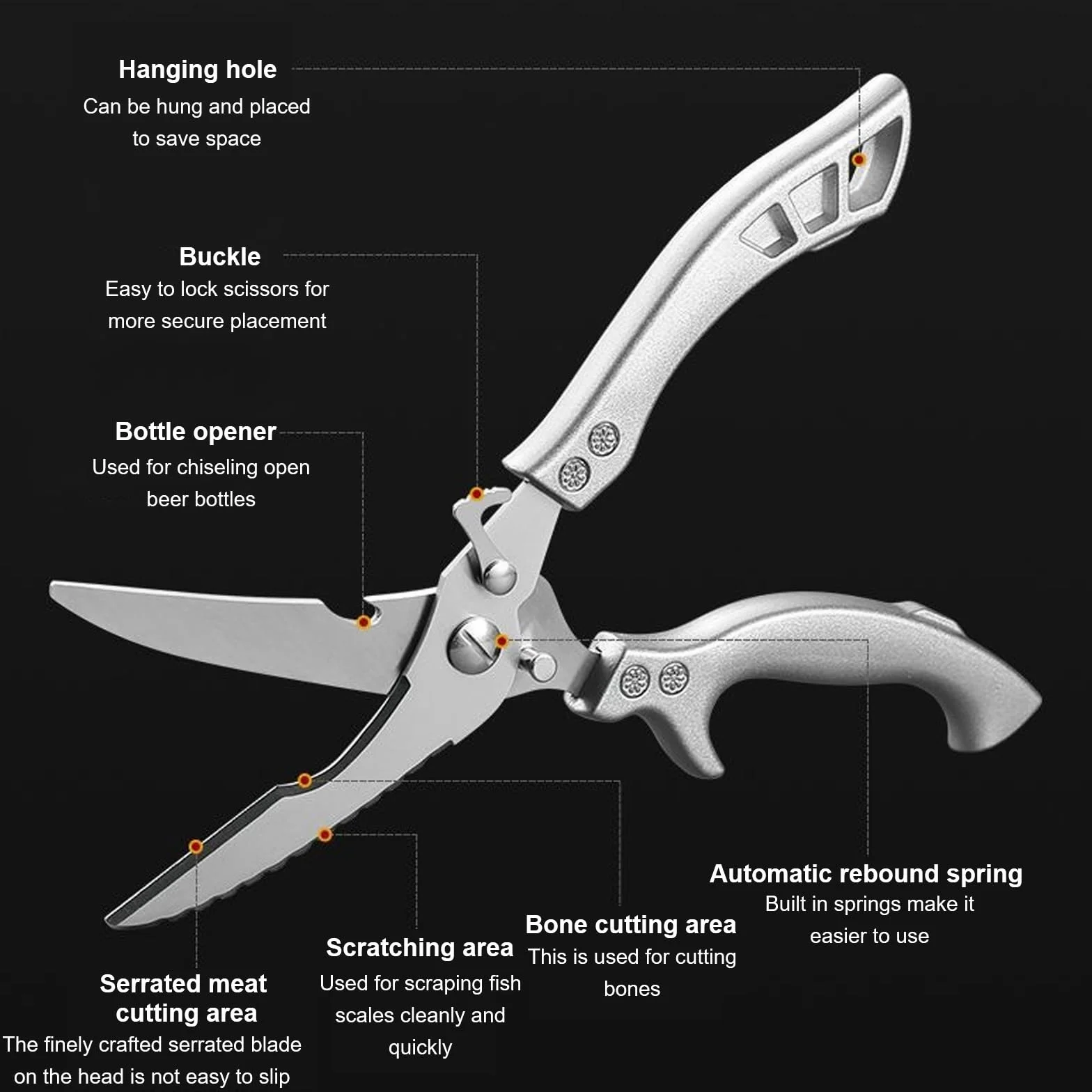 Tijeras para Aves Profesionales de Acero Inoxidable - Cuchilla Dentada, Tijeras de Cocina para Cortar Pollo, Carne con Huesos, Verduras y Pescado