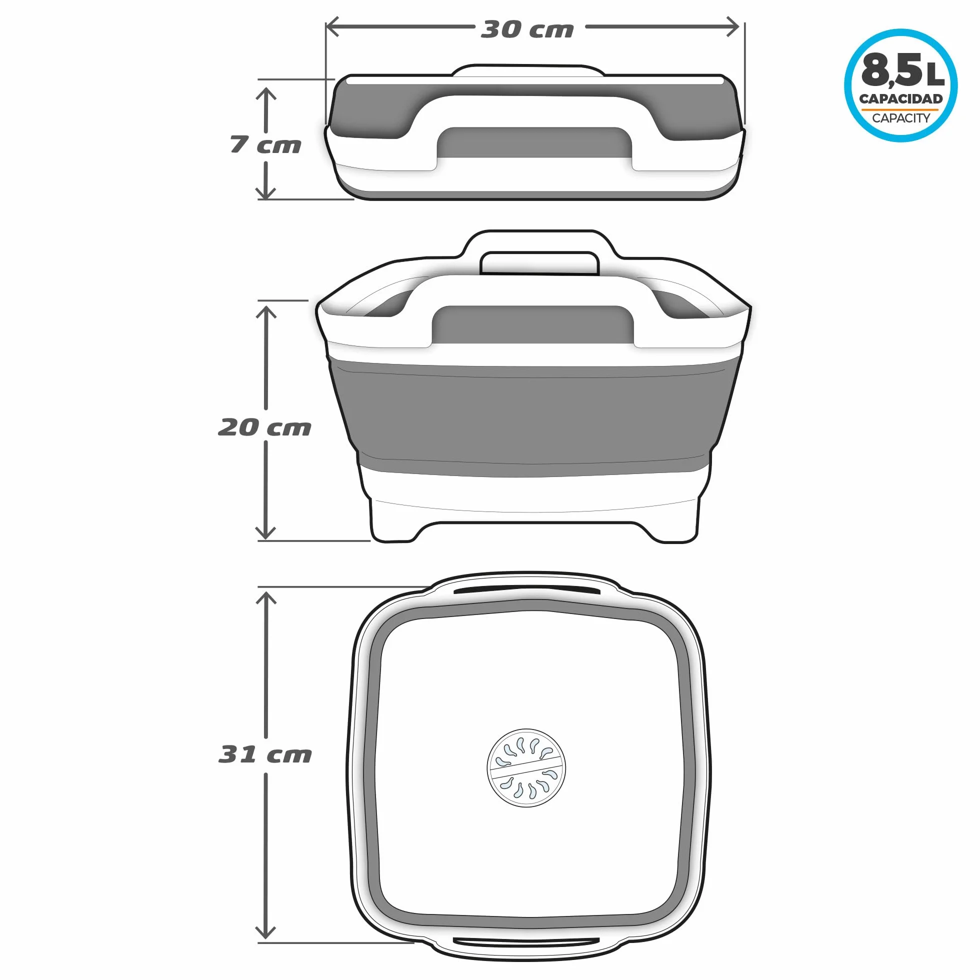 Aktive Fregadero plegable para camping 8,5 litros 30,5x30x20/7 cm Plástico y goma TPR con tapón drenaje