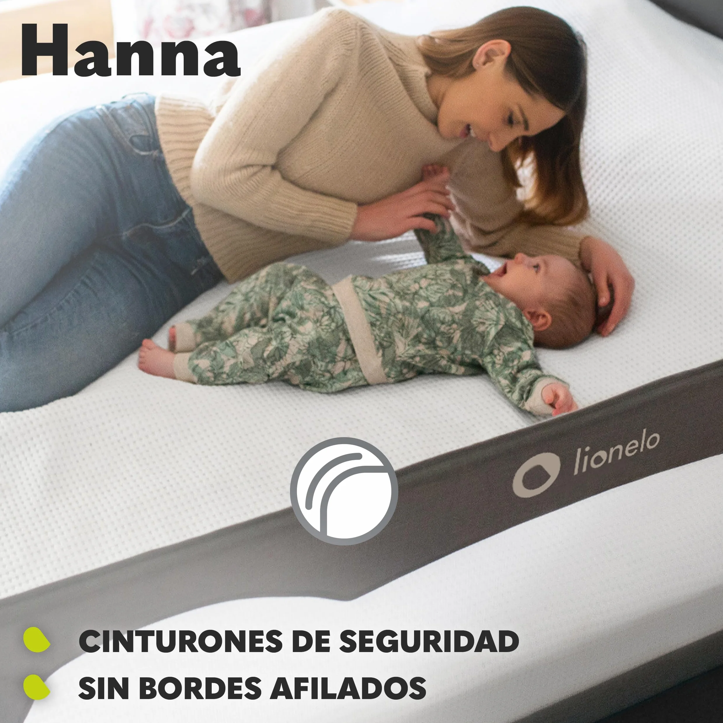 lionelo Hanna Barrera de Cama 150 x 65 cm – Protección contra Caídas con Cinturones SecureBelt, Apta para la mayoría de los colchones, Malla Transpirable, Fácil Montaje
