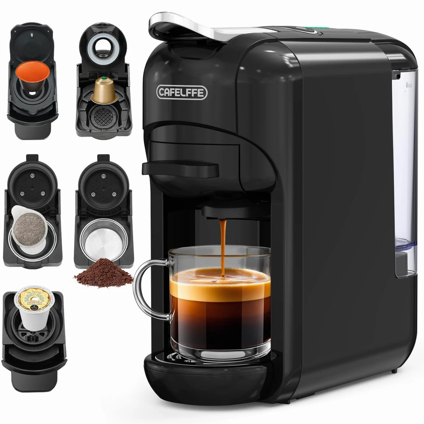 CAFELFFE Cafetera de cápsulas 5 en 1 MK-606 con volumen de café ajustable, preparación en frío/calor, 19 bares, para cápsulas Nes* Original, DG*, Kcup, ESE y café en polvo, 0,6 L, regalo