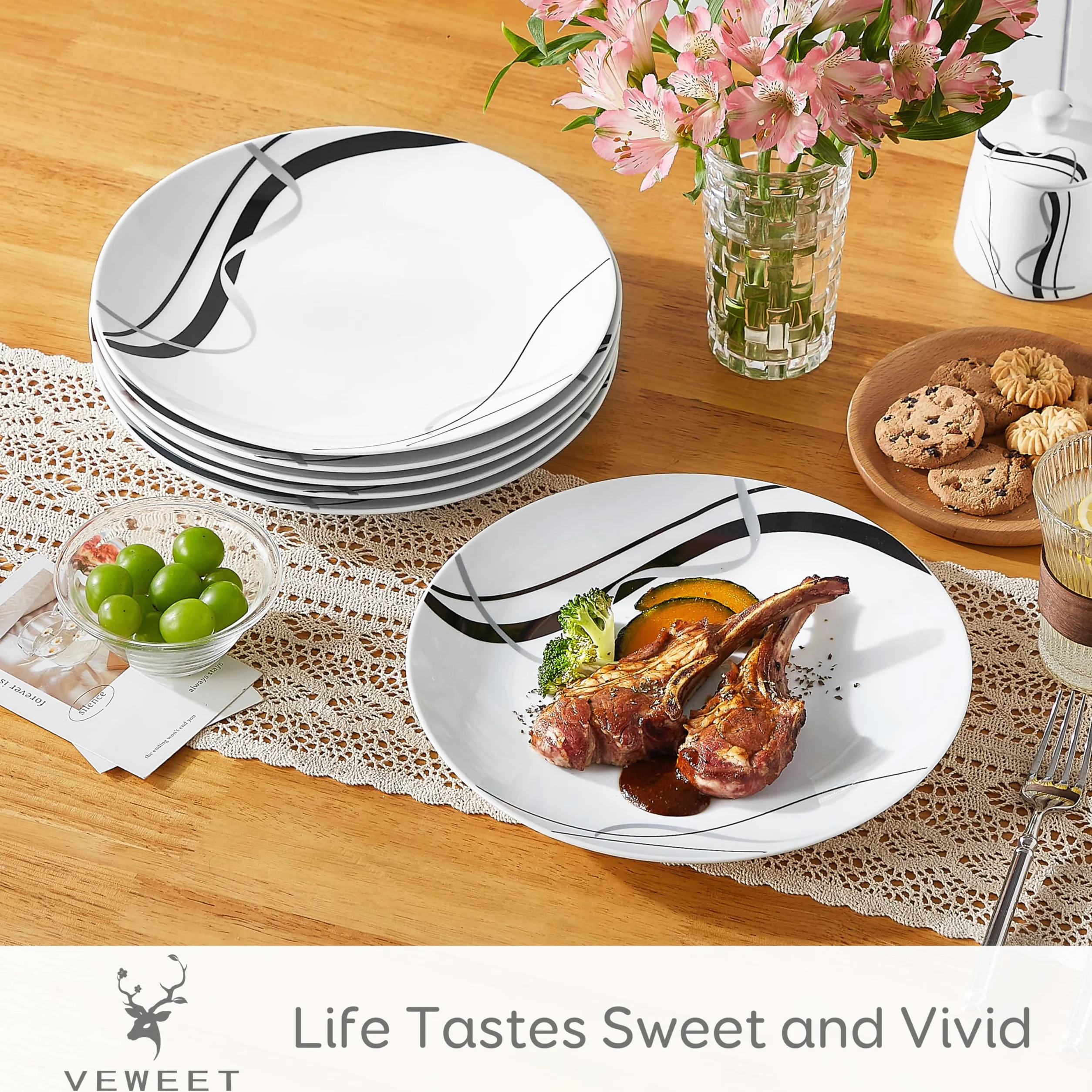 VEWEET Juego de 6 Platos Llanos, Platos de Porcelana 27,4 x 3 cm, Platos Redondos para 6 Personas Platos Modernos de Pasta con Líneas Negras y Plateadas, Aptos para Microondas y Lavavajillas, FIONA
