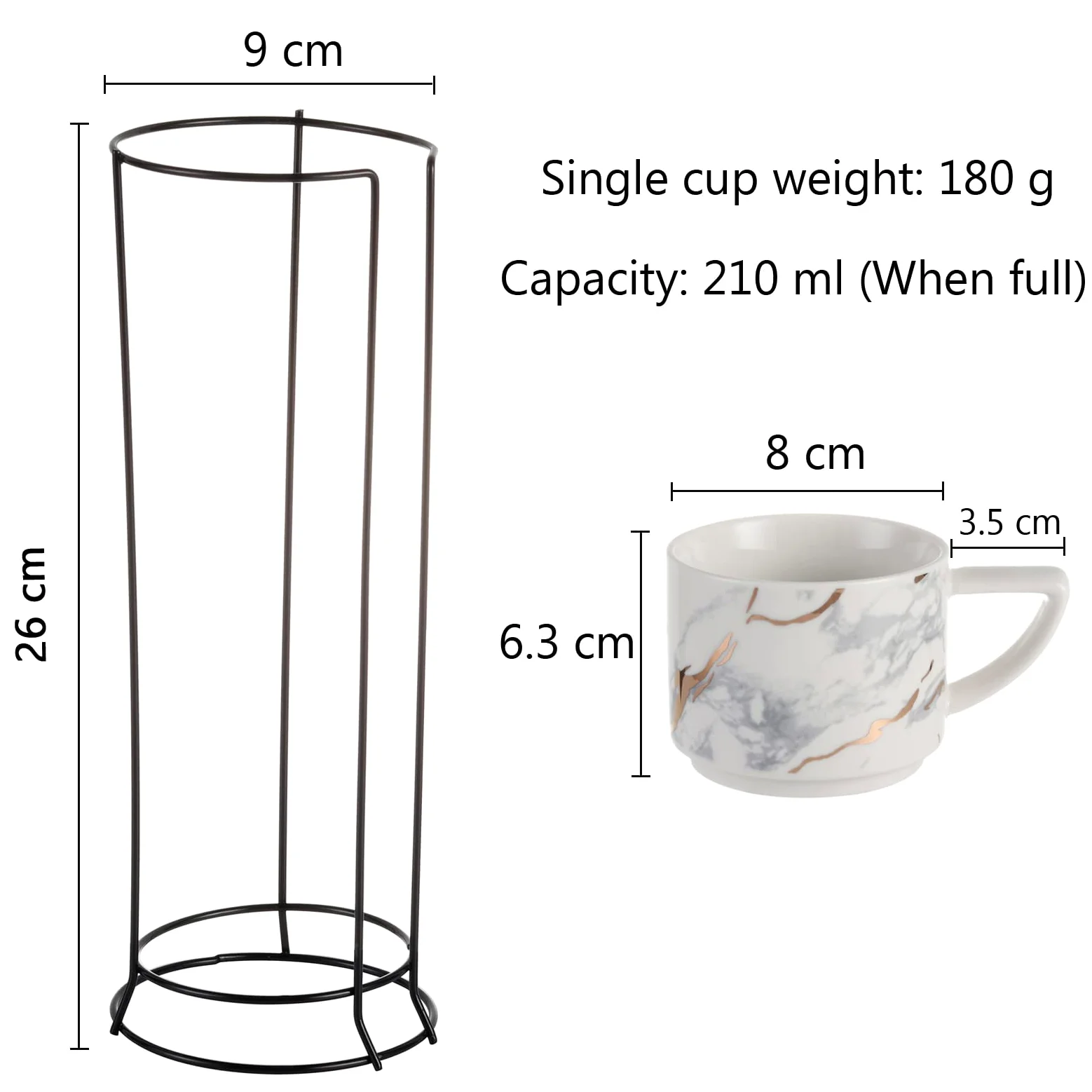 Juego de 4 tazas de porcelana para capuchino de 200 ml con soporte cromado