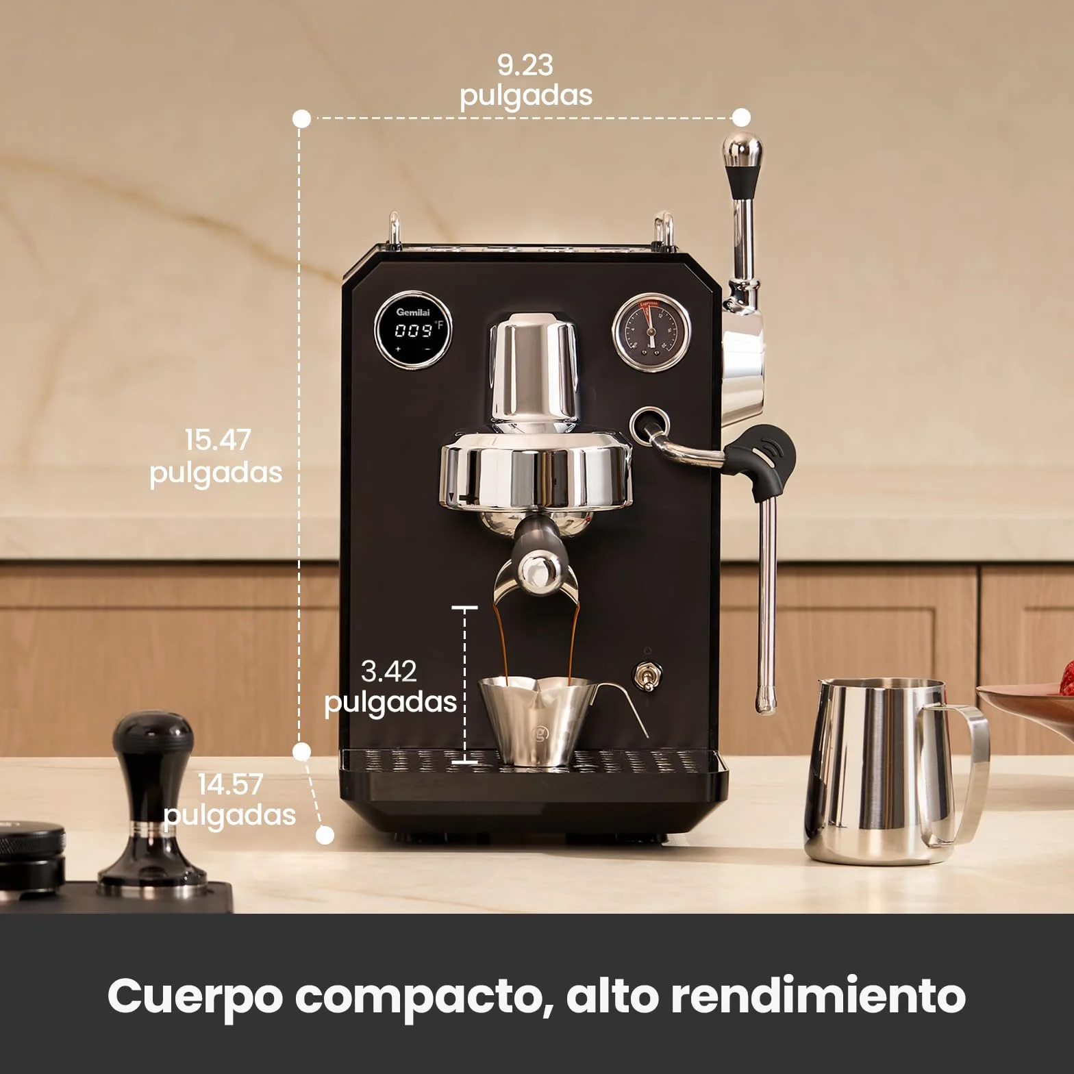 Gemillai Owl G3006, cafetera espresso doméstica, cabezal de grupo comercial de 58 mm y control de temperatura PID, cafetera de acero inoxidable para latte art de calidad barista, expositor, negro