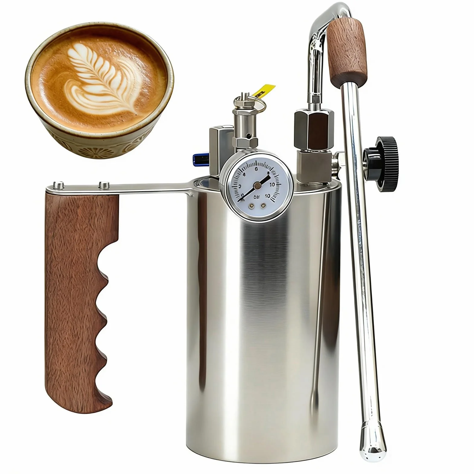 Espumador de leche comercial con manómetro de presión de aire y mango de madera, capacidad de 100-500 ml, para preparación de café con leche, capuchino y chocolate caliente
