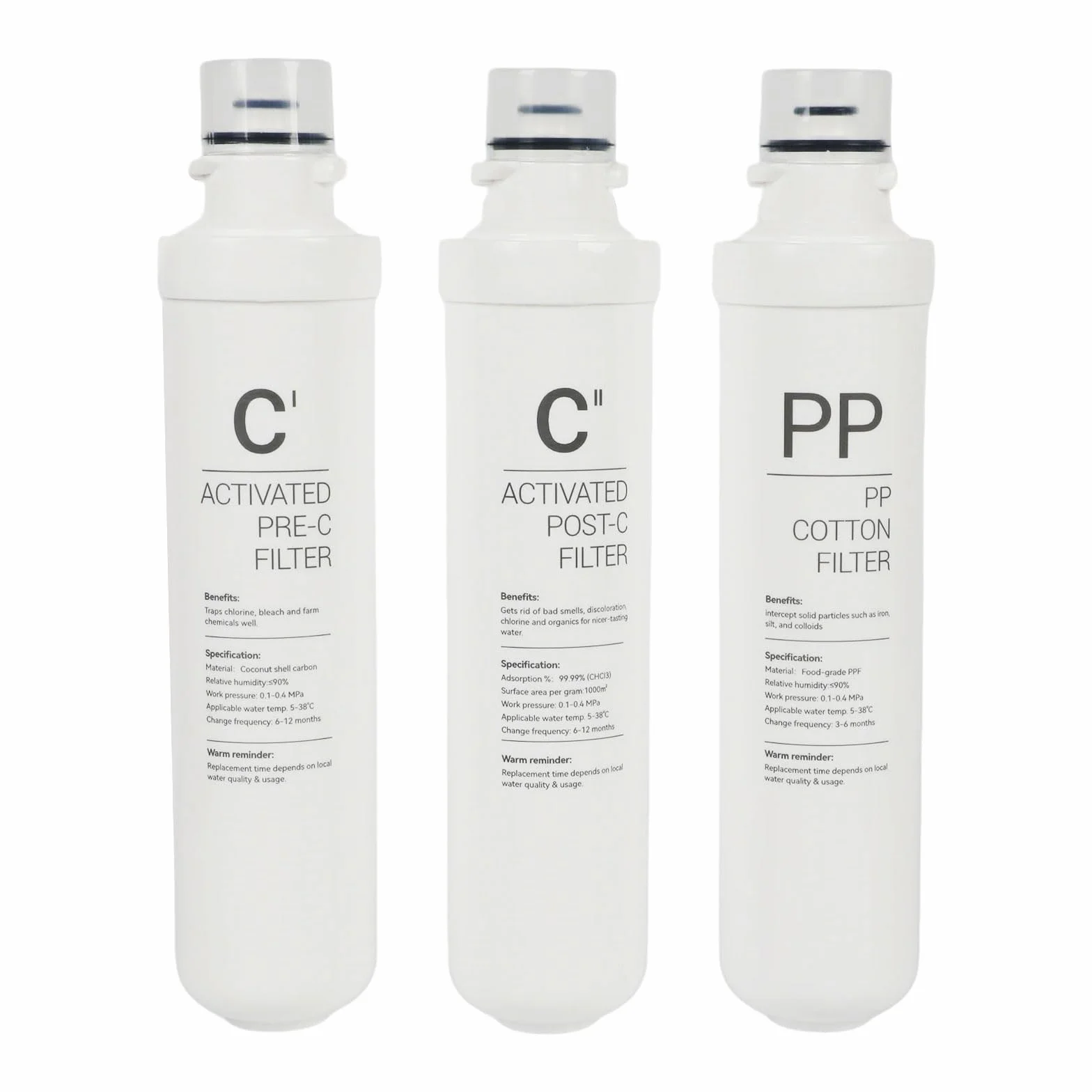 Paquete de 3 cartuchos de repuesto de filtro de agua, algodón PP + filtro de carbono C1Pre + filtro de carbón activado C2, kit de cartucho de filtro universal para sistema de agua RO doméstico