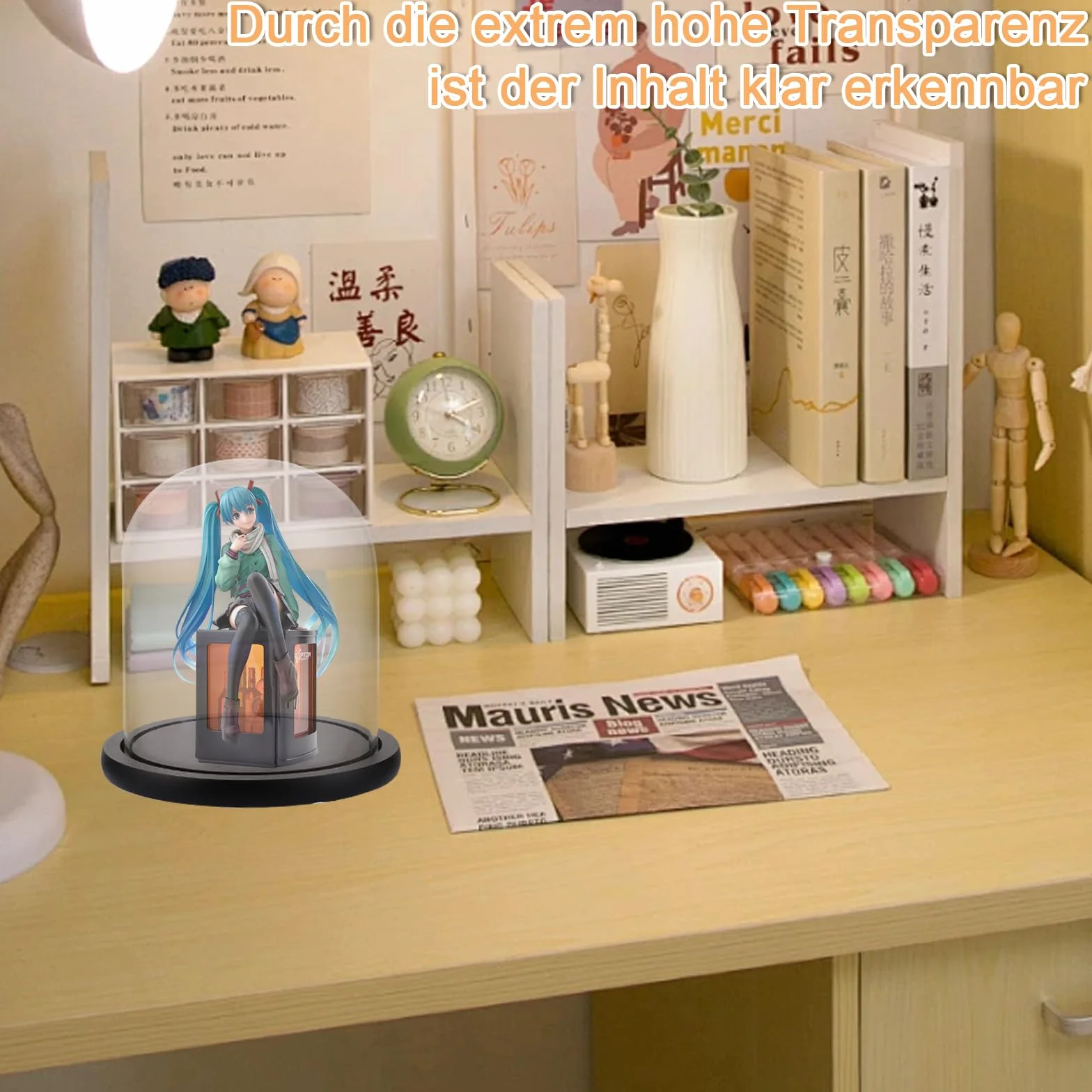 Campana de cristal transparente 17 cm con tapa y base de madera para decoración