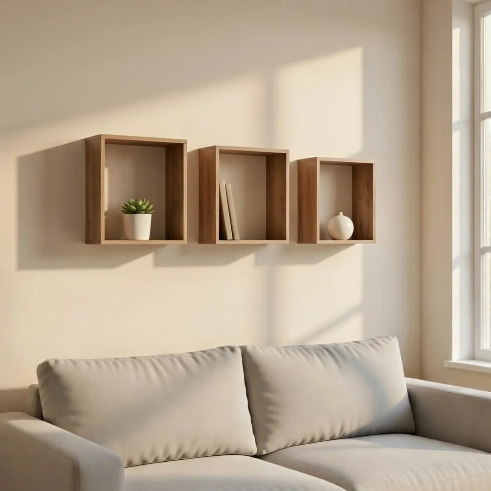 Juego de 3 Cubos Estantes de Pared Set de 3 Cubos Flotantes de Álamo 22,5/25,5/28,5 cm Estanterías Cuadradas para Decoración Libros Plantas y Objetos Organizadores de Pared (Marron)