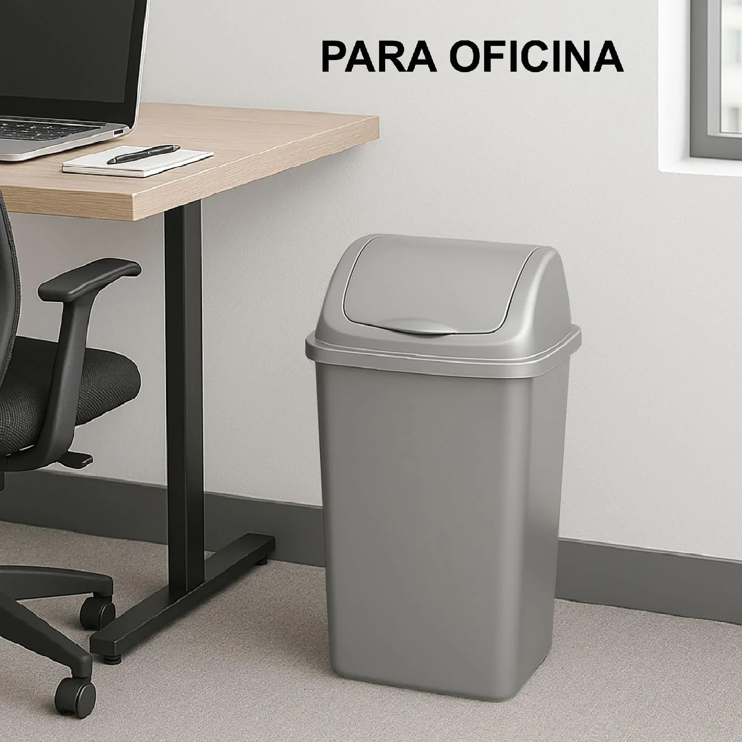 TIENDA EURASIA - Papelera con Tapa Basculante, Cubo de Basura 50 Litros, Papelera para Baño, Oficina, Cocina, Cubo Basura Tamaño 40 x 35 x 68 cm (Plata)