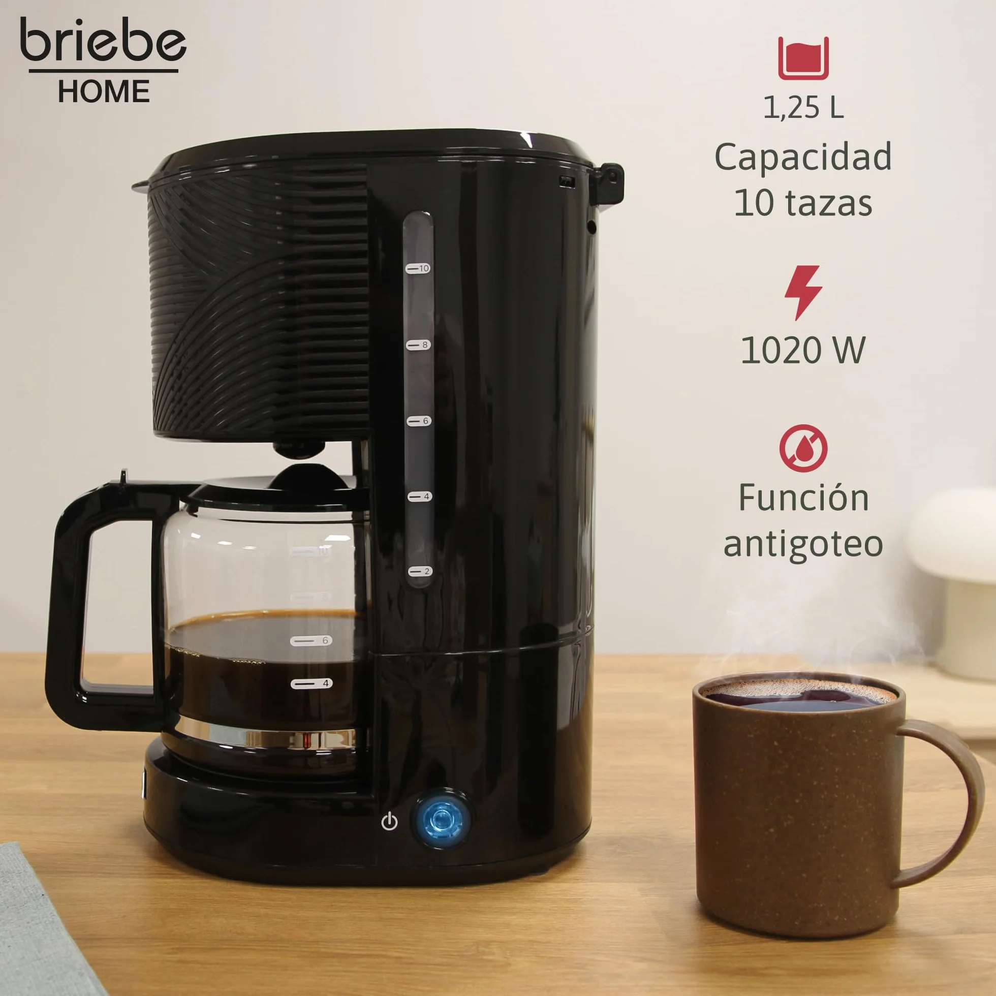 briebe Elegance Set Tostadora Pan Ranura Ancha 2 Rebanadas + Hervidor Agua Eléctrico 1,7L Inalámbrico 2200W Libre BPA + Cafetera Goteo Filtro 10 Tazas 1,25L, Pack Desayuno Diseño Moderno, Negro