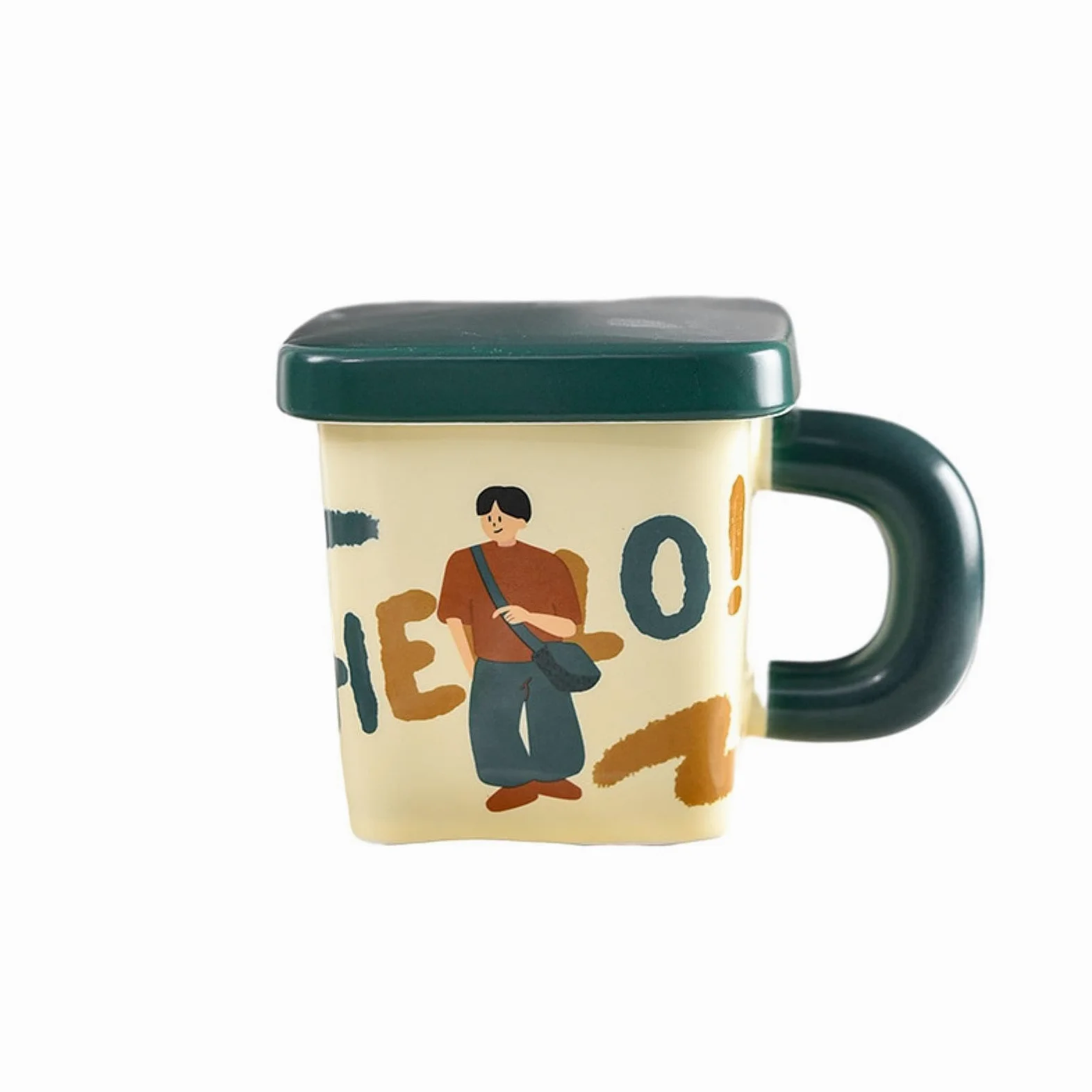 Taza cuadrada de cerámica de 380 ml con tapa, color verde, 380 ml
