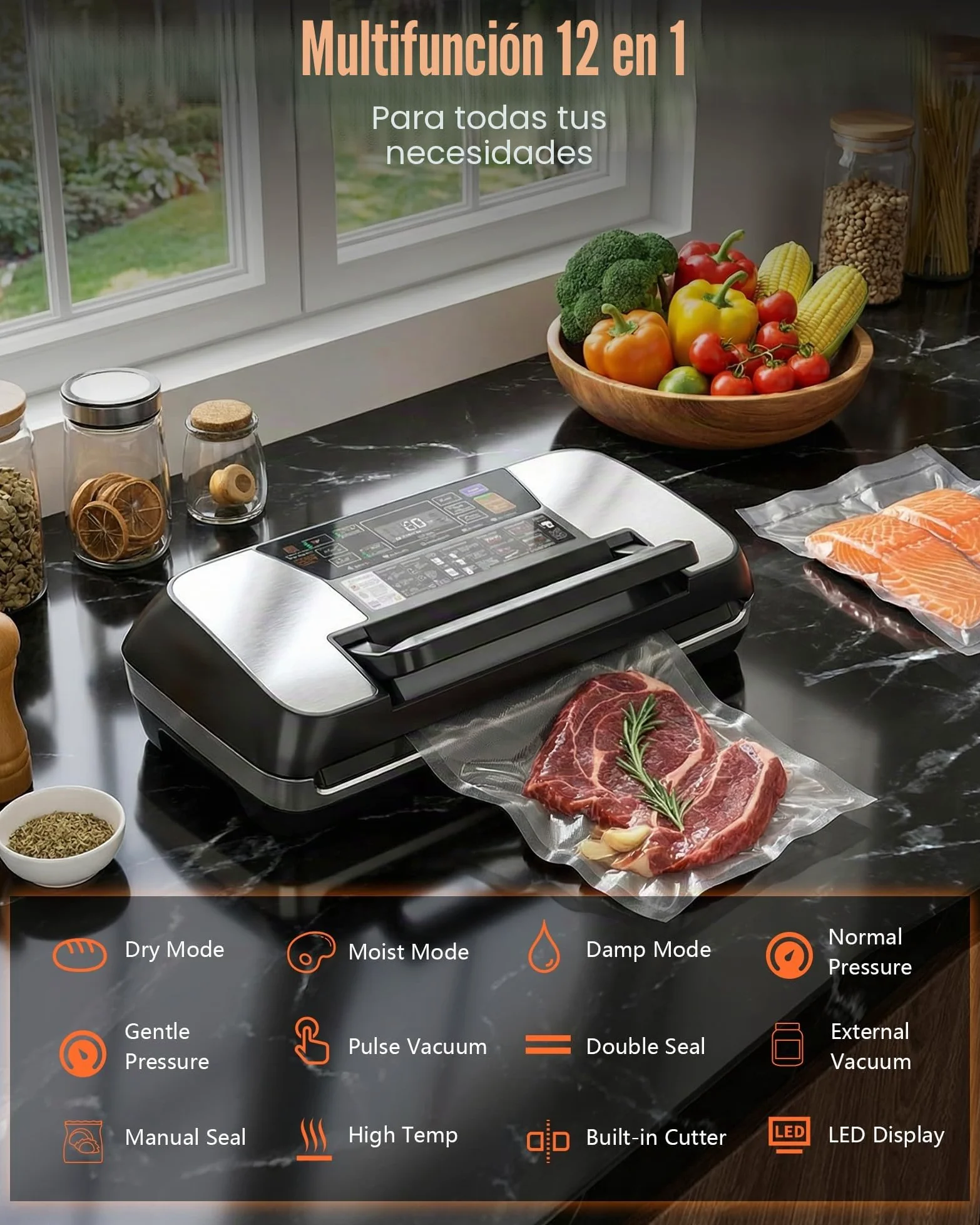 Envasadora al Vacío Doméstica y Profesional para Alimentos – 95 kPa, Aparato 12 en 1 con Doble Soldadura, Easy-Lock, Cortador de Film Integrado, Bandeja Desmontable para Conservación de Larga Duración
