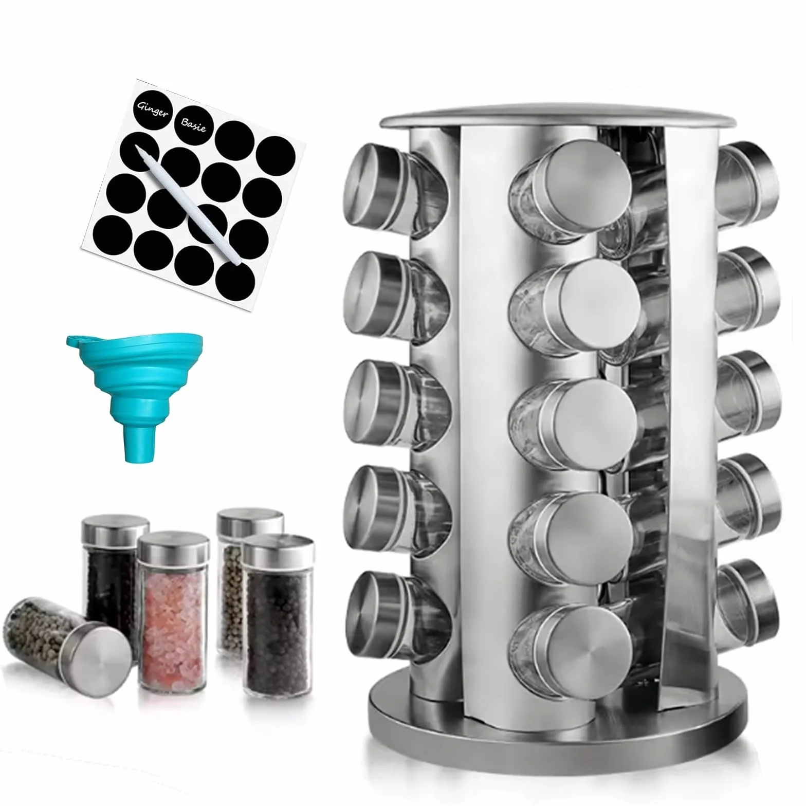 Estante giratorio para especias con 20 tarros, organizador giratorio de especias, acero inoxidable pulido con tapas negras, carrusel de especias de acero inoxidable para encimera de cocina, | Acero inoxidable pulido con tapas negras, carrusel de especias