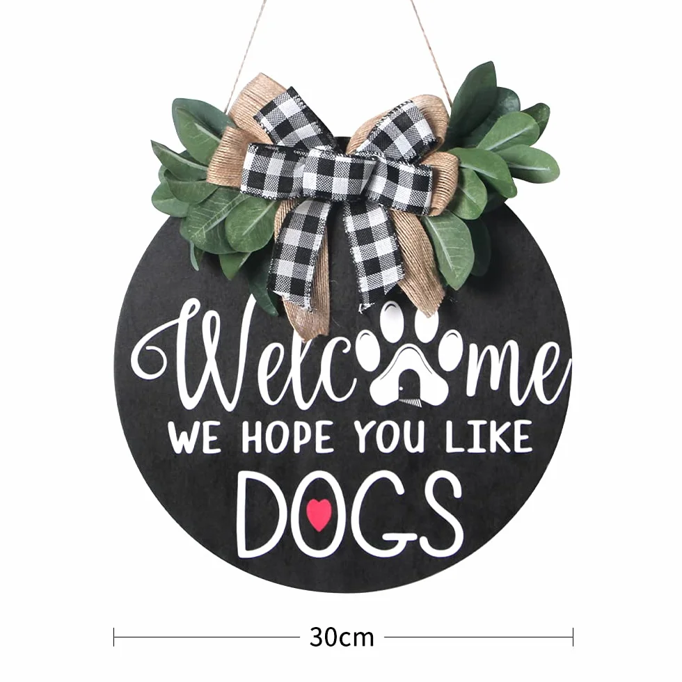 Alnicov Letrero de bienvenida de 11.8 pulgadas, con texto en inglés "Welcome We Hope You Like Dogs" para colgar en la puerta de la decoración del porche frontal, regalos de inauguración de la casa