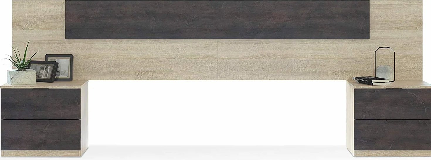 Mobelcenter – Cabezal y 2 Mesitas de Noche – Cabecero Matrimonio y 2 Mesitas de Noche – Color Roble Canadian y Óxido - Medidas: Ancho: 247 cm x Fondo: 38 cm x Alto: 95 cm - (1093)