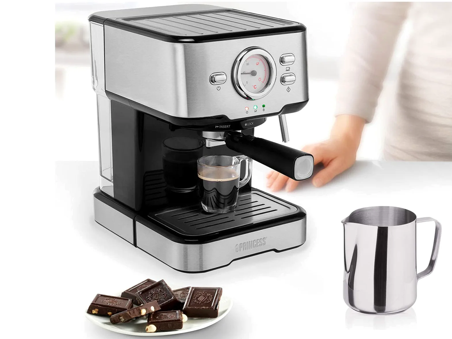 Máquina de café y cápsula con espumador de leche para capuchino, latte y espresso macchiato, 20 bares, color negro con acero inoxidable