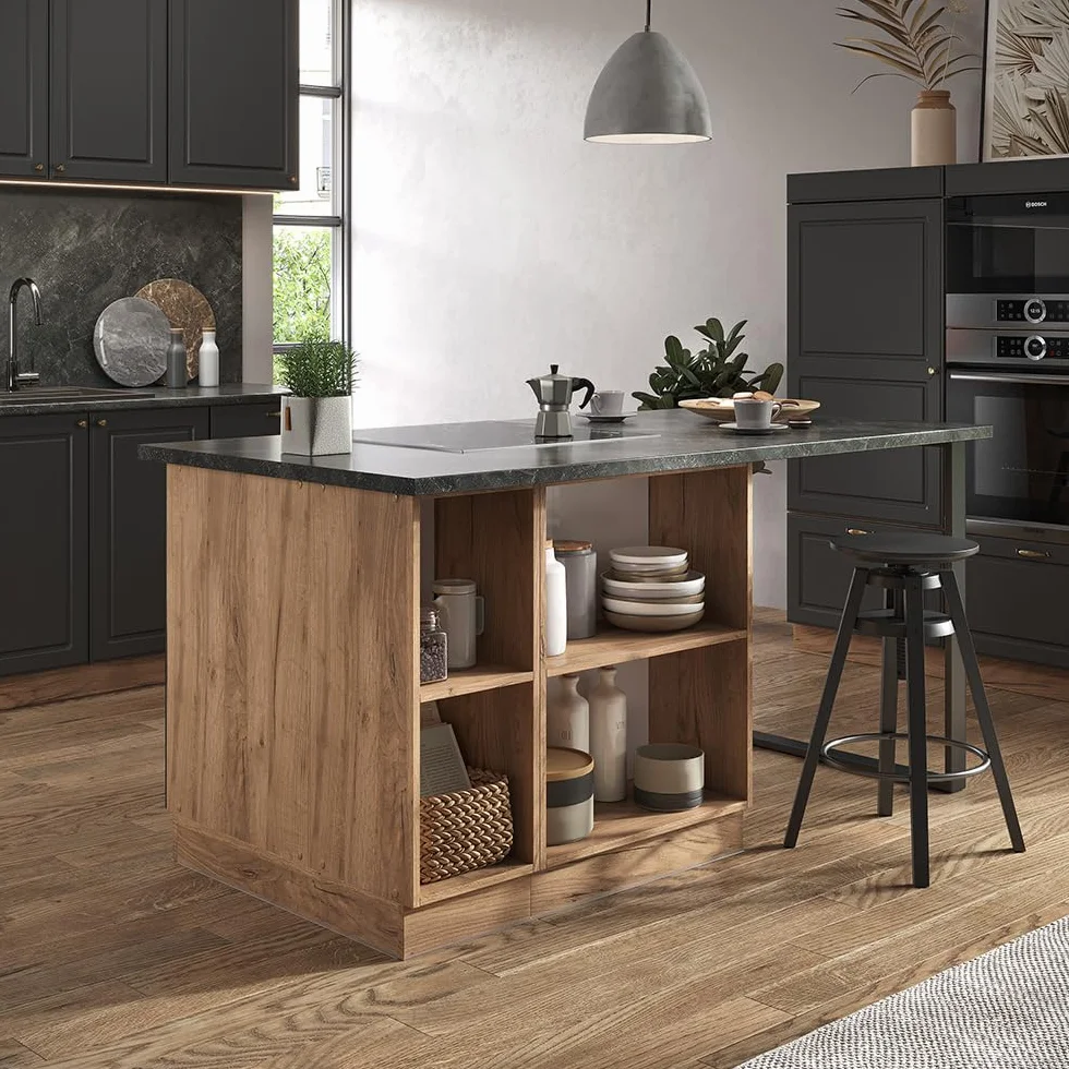 Vicco Isla de Cocina Fame-Line, Antracita Casa de Campo/Roble Kraft Dorado, 90 cm con cajón, sin encimera, Compatible con Otros módulos de la Serie Fame-Line