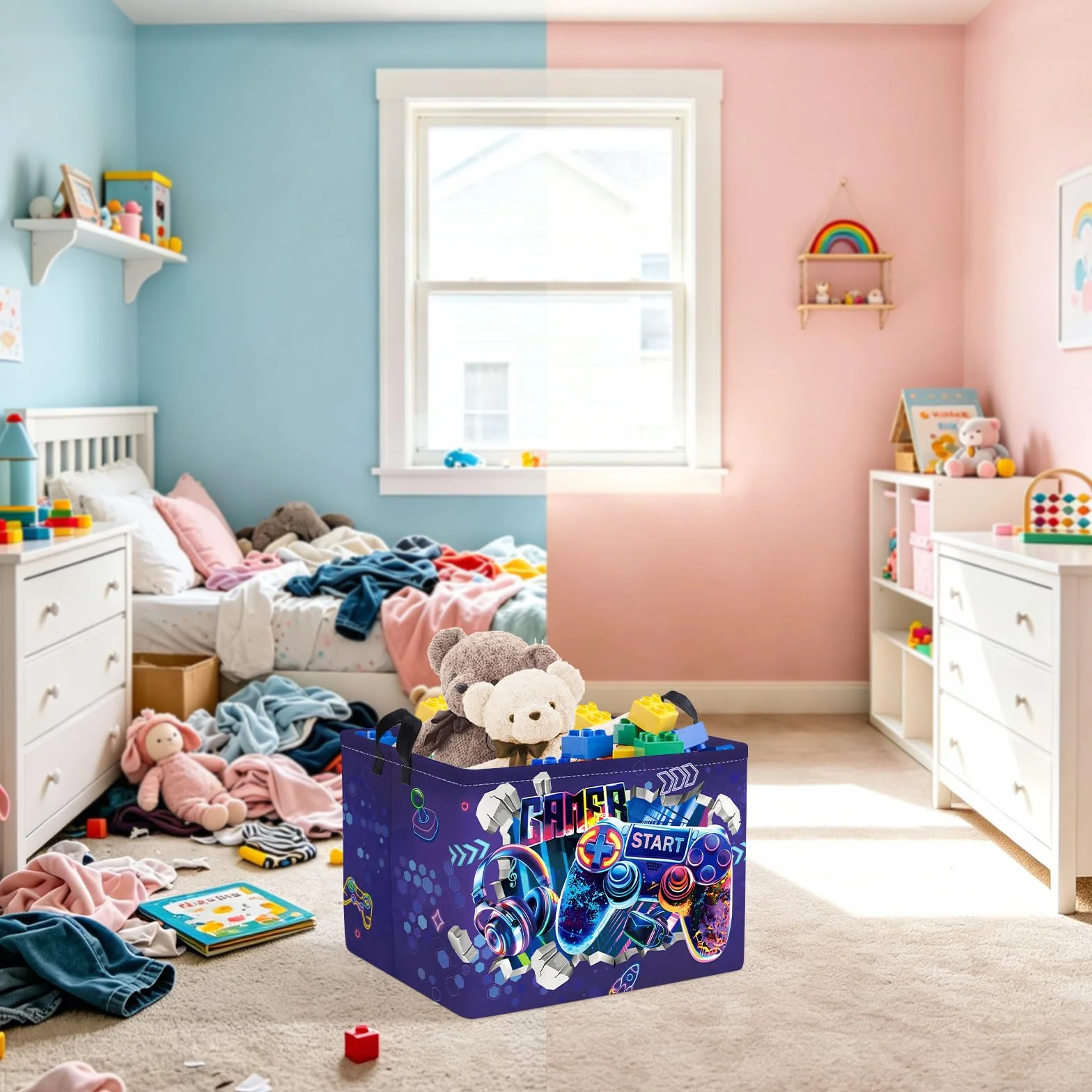 Clastyle Cestos Almacenaje Juego de Aventuras Cesta Ropa Sucia Plegable para Habitación Bebé Dormitorio Cajas de Almacenaje Juguetes para Chico Chica, Púrpura 3D, 40x30x30 cm