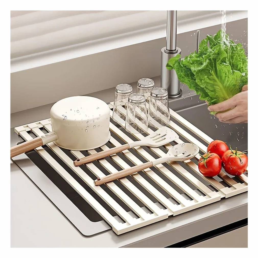 Escurridor de Platos Enrollable y Extensible de Acero Inoxidable 304 de 32-60 cm, Plegable, Antideslizante y Resistente al Calor para la Cocina.
