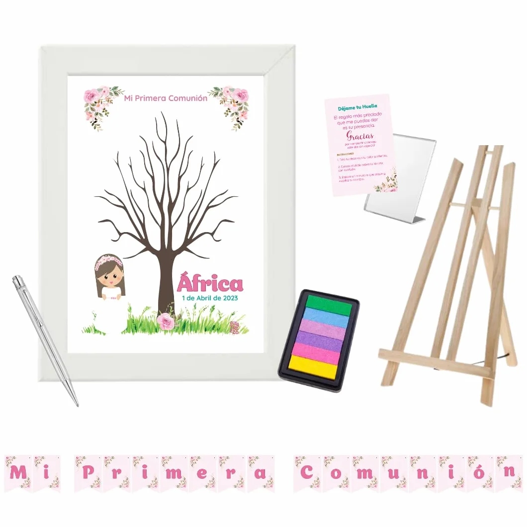 Disatrezzo - Árbol de Huellas Personalizado para Comunión Niña– Kit Completo con Marco, Tintas, Bolígrafo, Instrucciones, Caballete y Banderín Mi Primera Comunión. Libro de Firmas y Dedicatorias.
