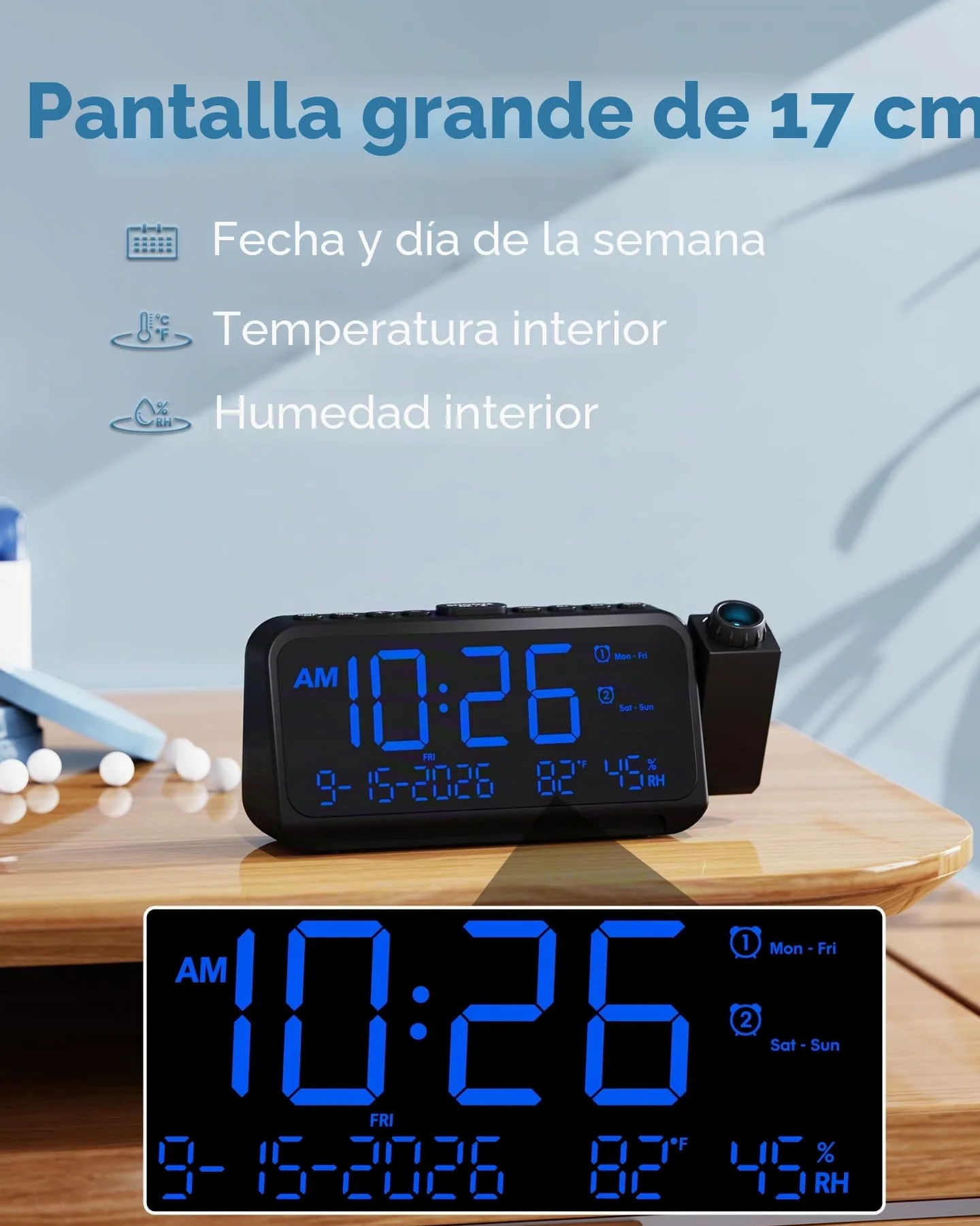 Roxicosly Reloj despertador de proyección para techo de dormitorio, 118 dB súper fuerte para personas que duermen mucho, pantalla digital regulable grande de 6.7 pulgadas con fecha de día, humedad de