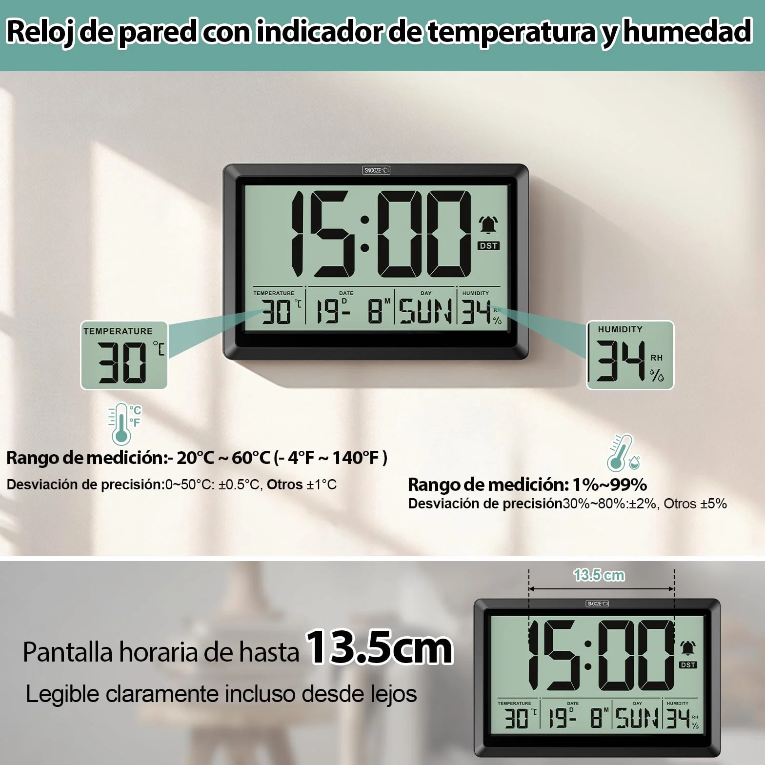 XREXS Reloj Digital de Pared y Mesa de 19,4 x 10,4 cm, Pantalla LCD HD, Reloj Despertador, repetición, DST, Temperatura/Humedad, ℃/℉ y conmutable 12/24 Horas, Funciona con Pilas para hogar y Oficina